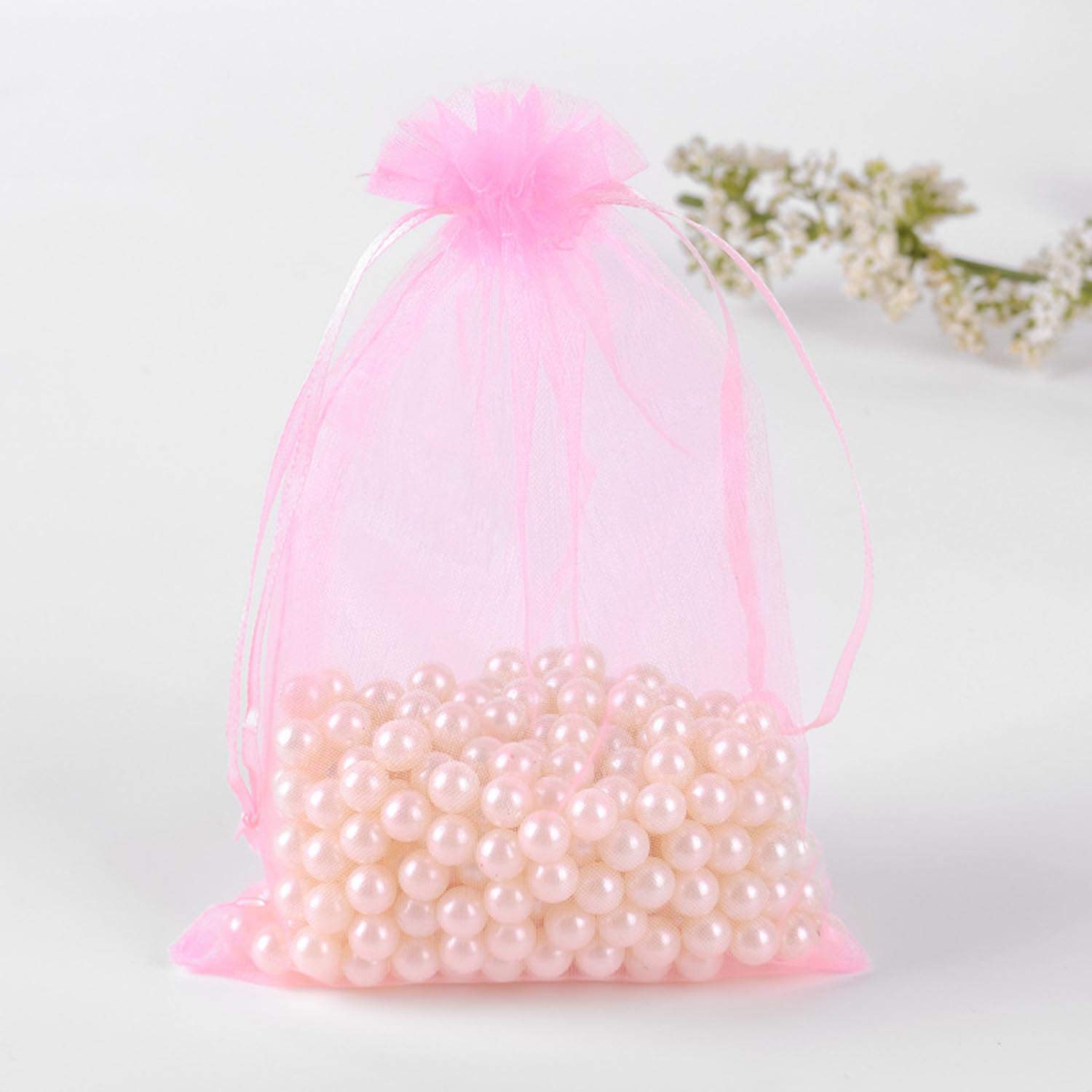 50 Pcs 5x7 Inches Pink Organza Gift Bags with Satin Drawstring - Sheer See-Through Fabric Favor Pouches for Baby Shower, Wedding, Party Favors, Jewelry, Holiday Gifts & Card Deck - Perfect for Gift Wrapping, Party Decorations & Special Occasions