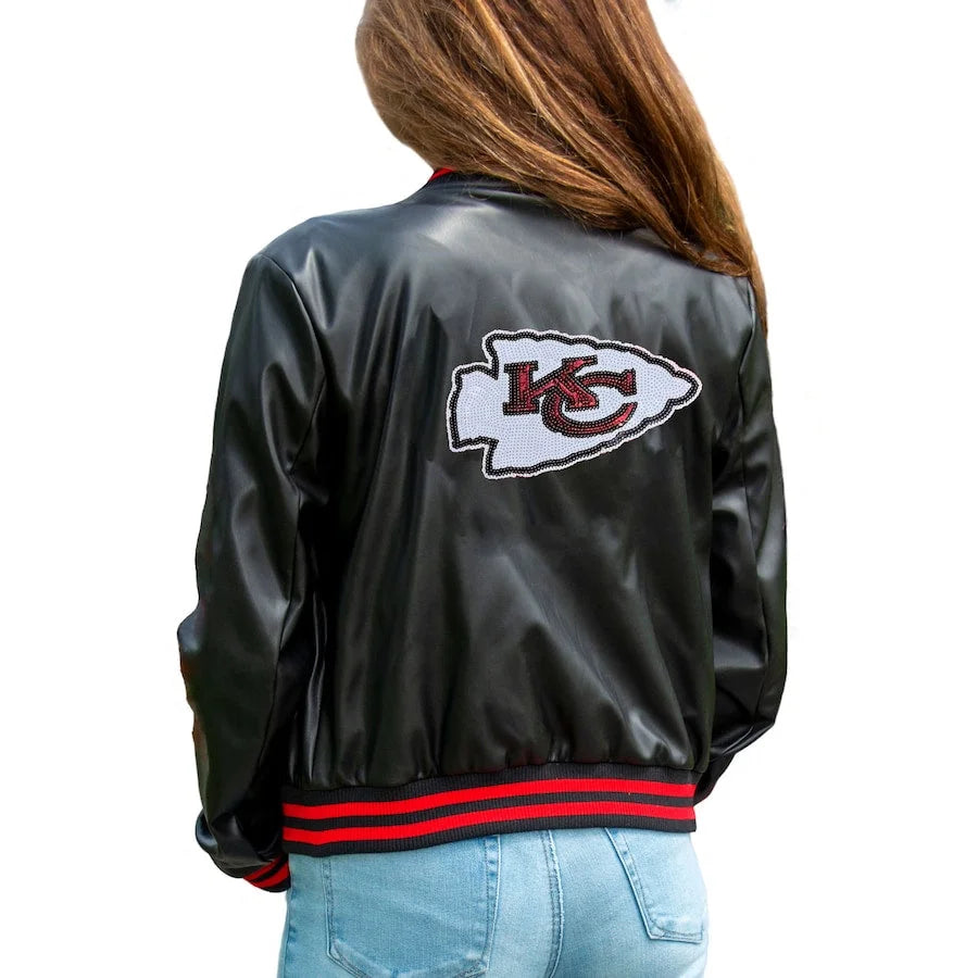 Kansas City Chiefs Women's Vegan Leather Black Sequin Jacket - Stylish NFL Fan Apparel for Game Day, Parties & Night Out