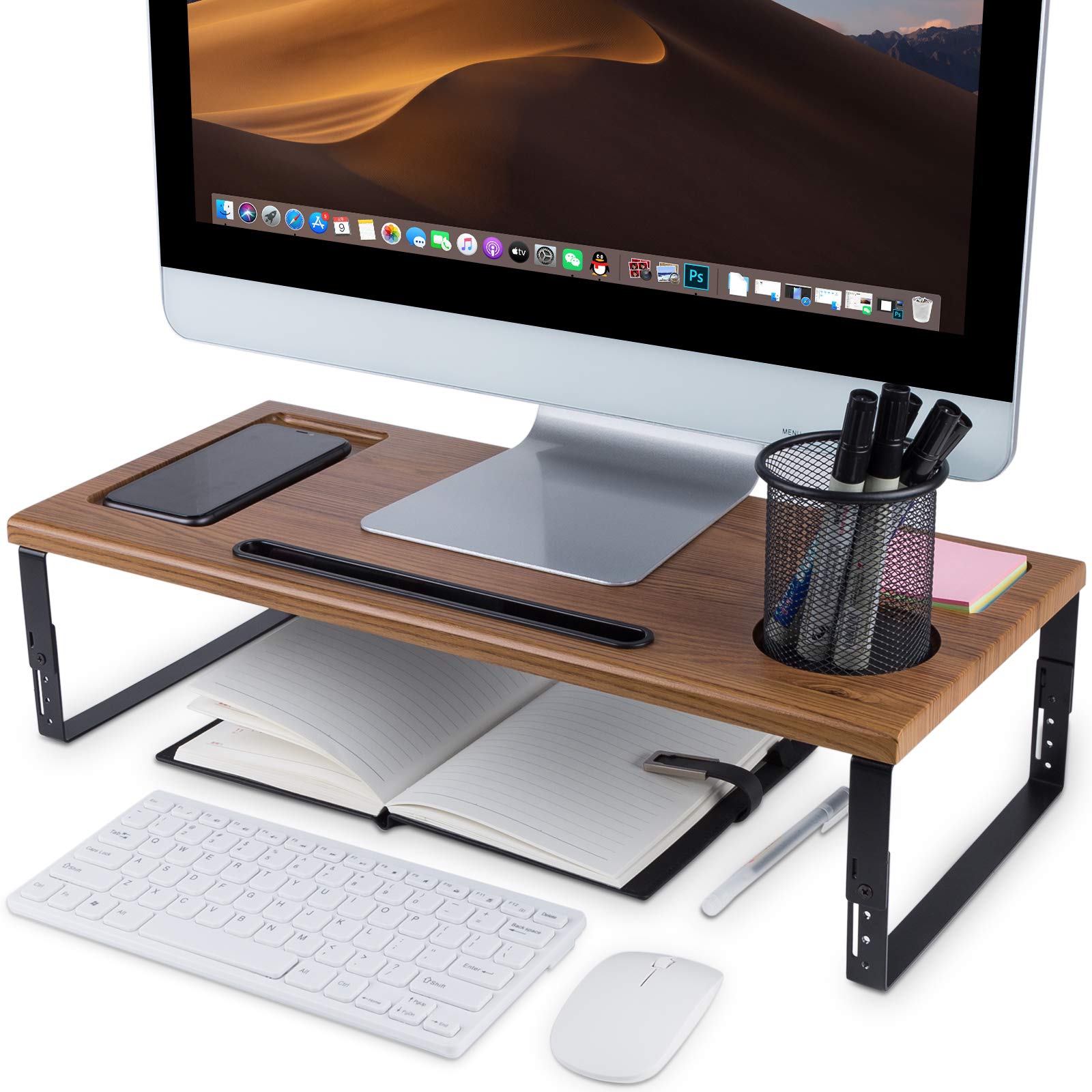 Premium Adjustable Monitor Stand Riser - Ergonomic Metal & Wood Desktop Organizer with Phone/Tablet Holder - Supports Heavy Monitors, Laptops & Printers - Perfect for Home Office & Workspace Organization (Wood Finish)