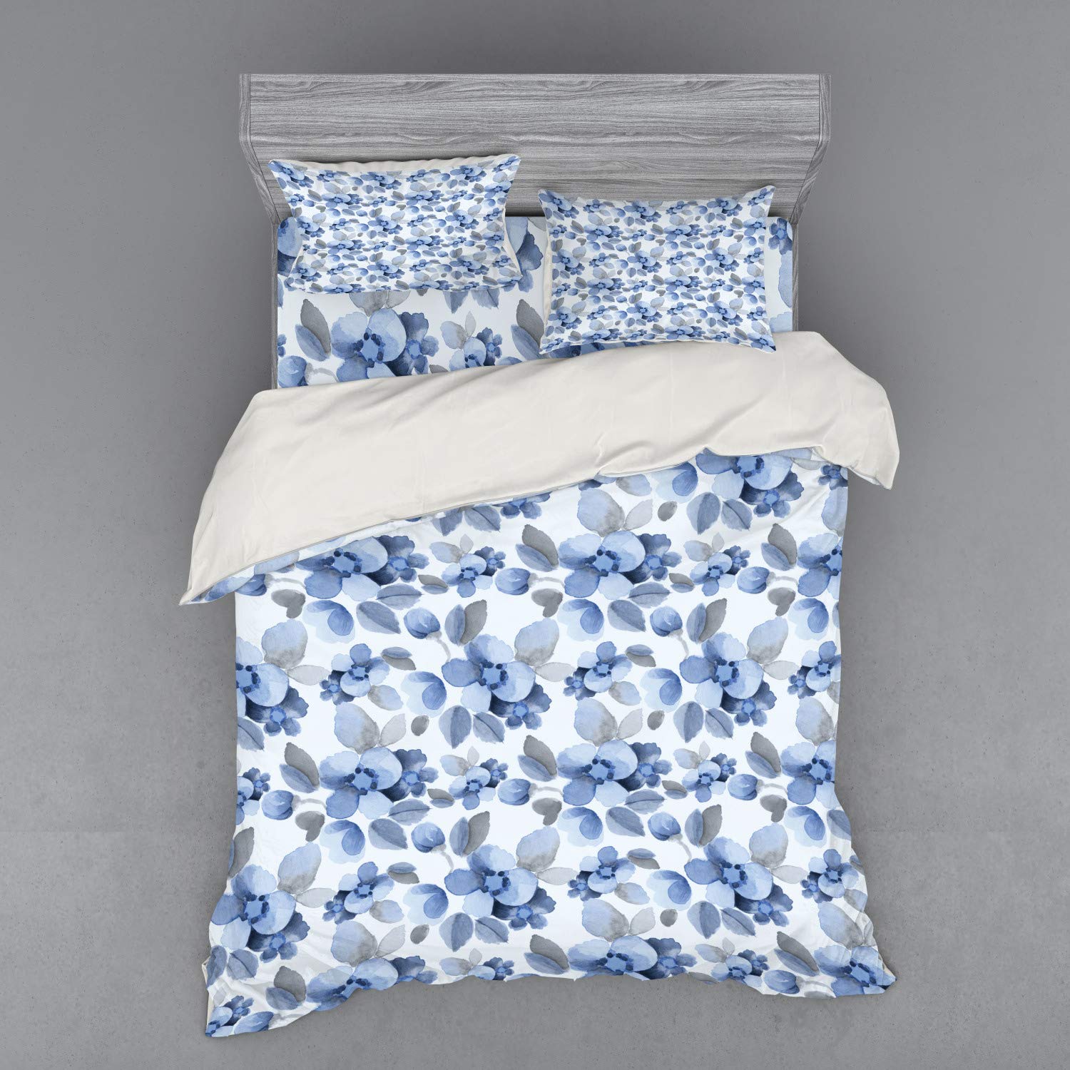 Ambesonne Shabby Floral Duvet Cover Set - Watercolor Camellia Petals Feminine Print 4-Piece Bedding Set with Pillow Shams & Fitted Sheet, California King Size, Soft Blue | Romantic Bedroom Decor for Master Bedroom, Guest Room & Boho Chic Home