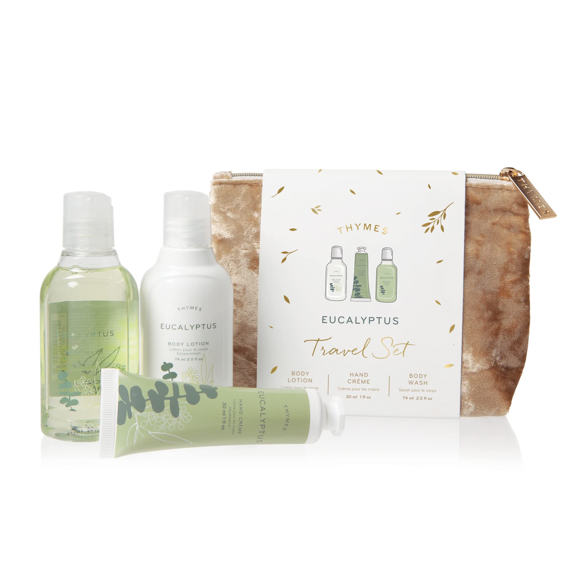 Thymes Travel Set & Beauty Bag with Body Wash, Lotion & Hand Cream - Eucalyptus Scented Toiletries for Women - Perfect for Vacation, Gym & On-the-Go Pampering