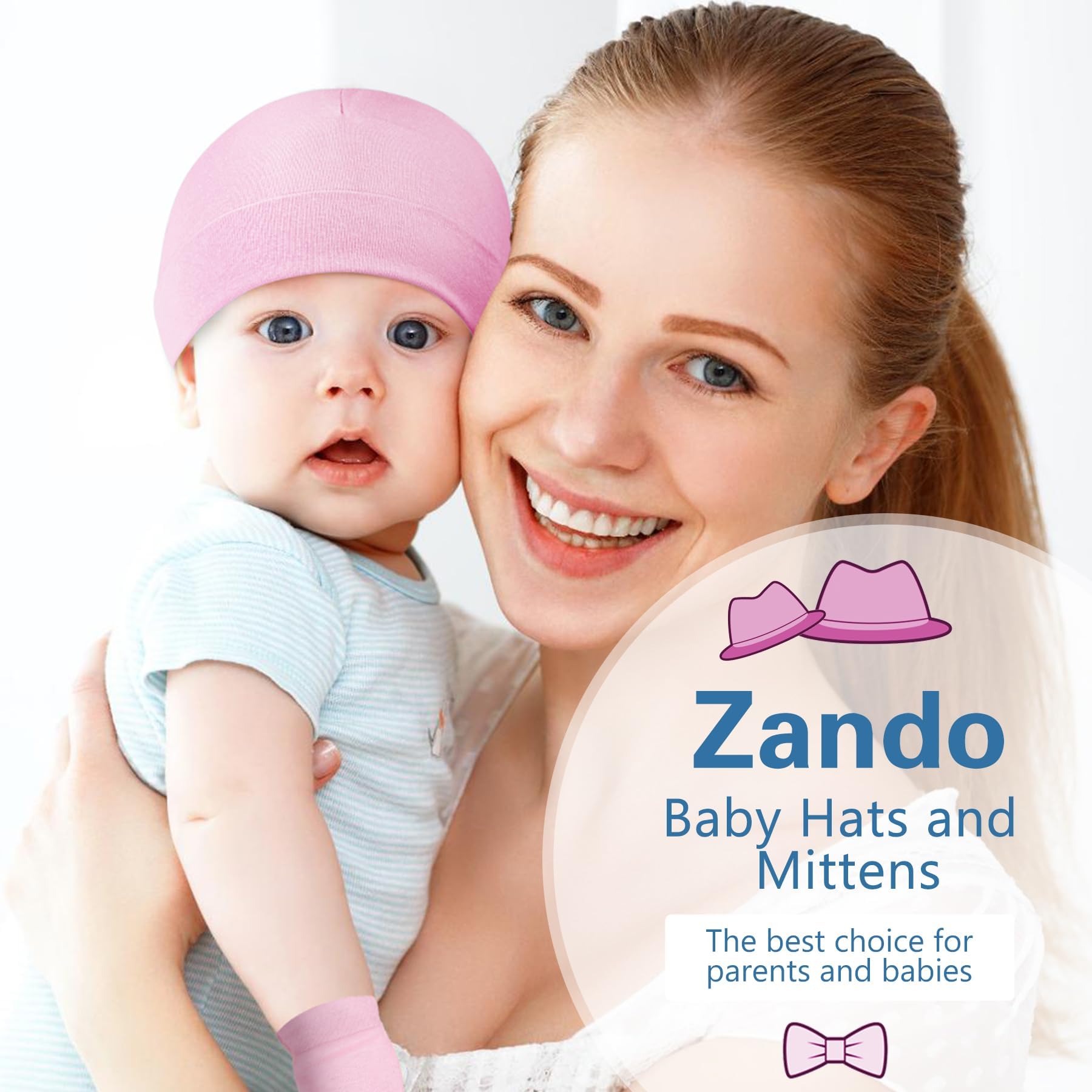 Zando Baby Hats and Mittens Set - Unisex Newborn Beanie Caps with Scratch Mittens for Infant Boys & Girls | Perfect for Hospital, Winter & Photo Shoots
