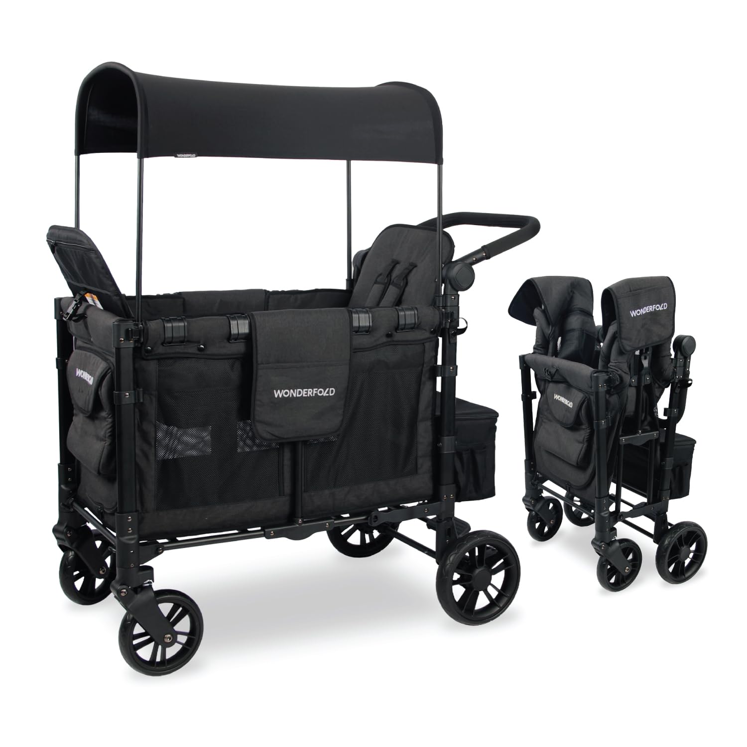 **Wonderfold W2 Elite Stroller Wagon – 2-Seater Collapsible Wagon Stroller with 5-Point Harness, Adjustable Push Handle & Sun Canopy – Elite Black – Perfect for Family Outings, Beach Trips & Shopping**