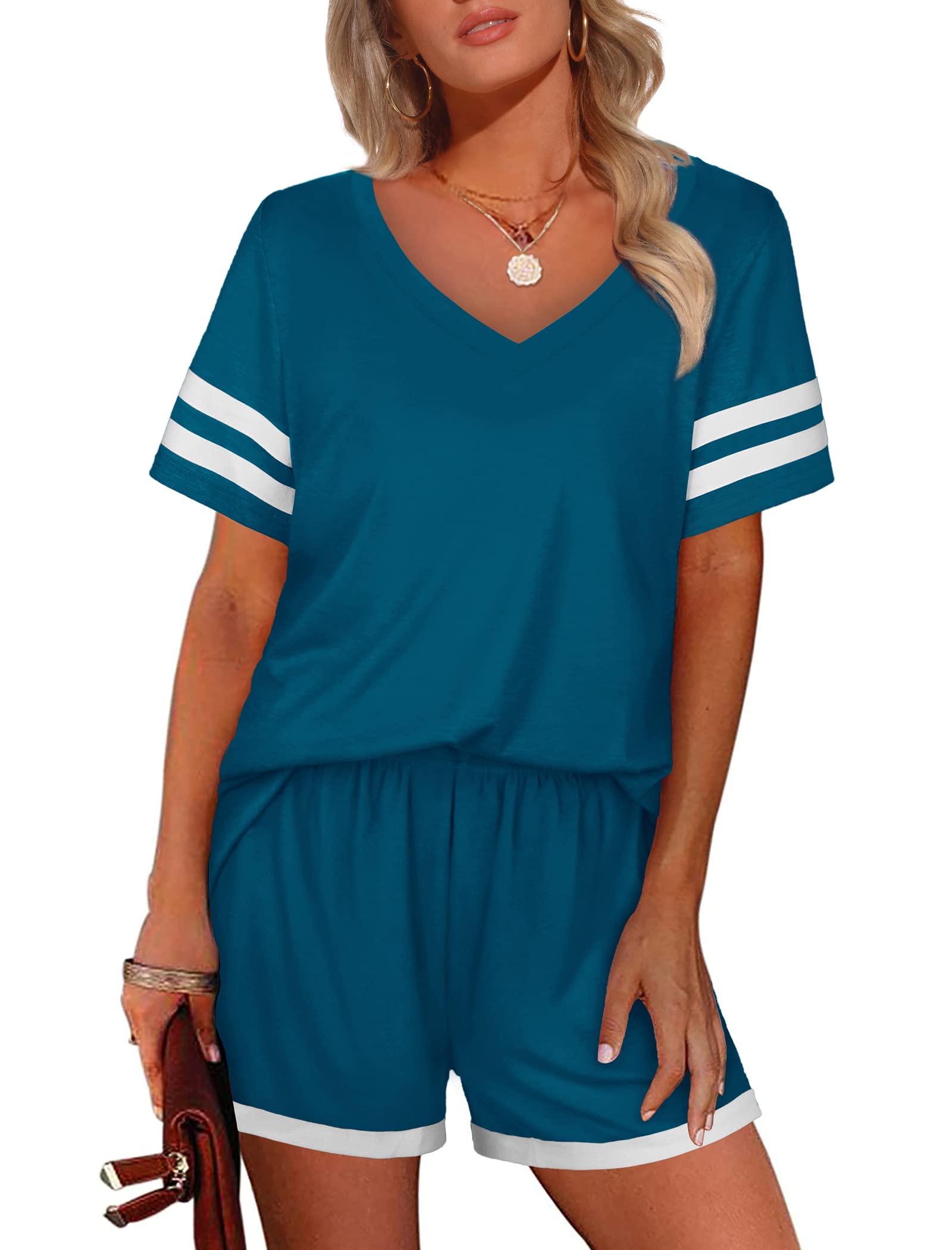 Aloodor Women's Summer Two Piece Outfit - Short Sleeve Lounge Set with Pockets | Casual Wear for Beach, Vacation & Home Relaxation