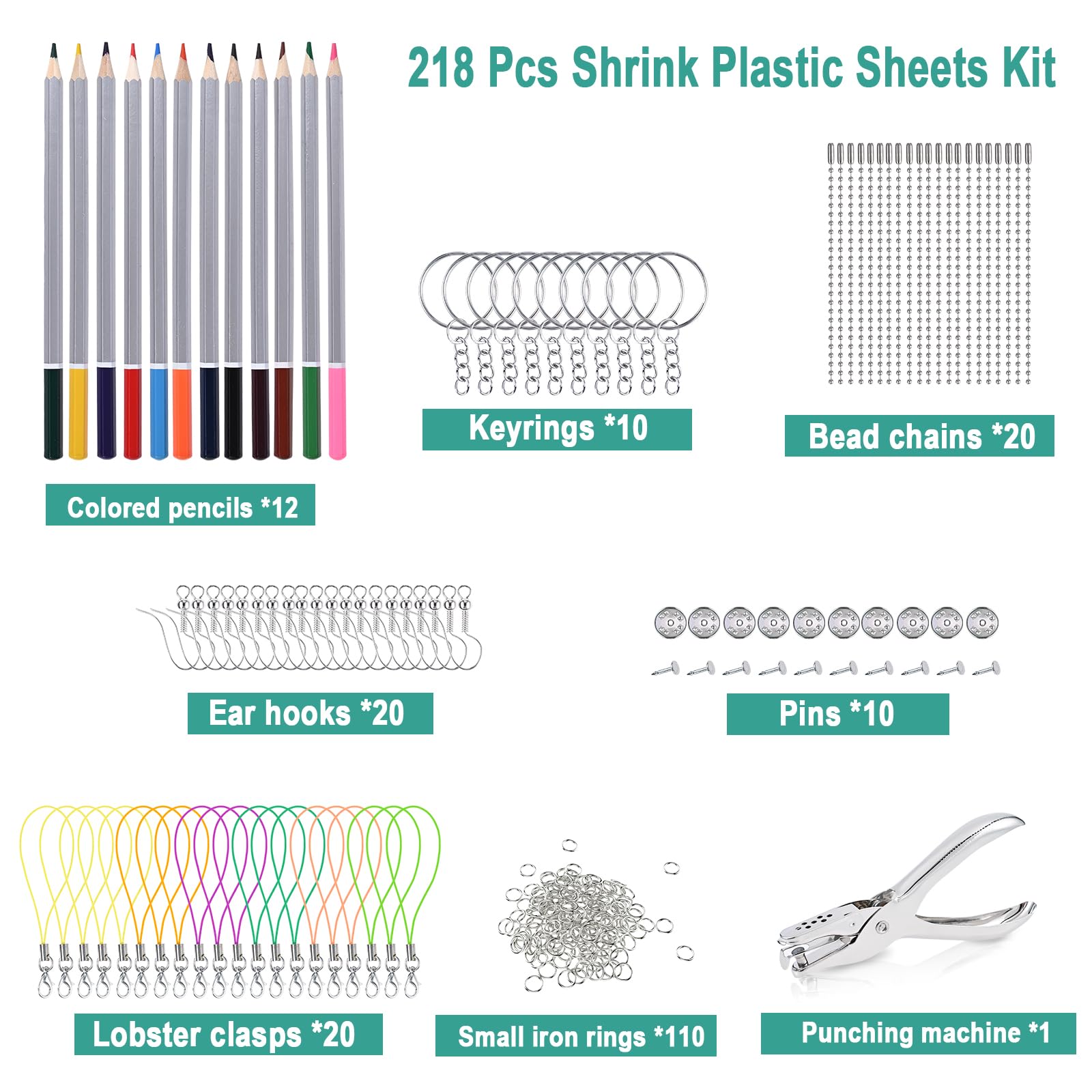 GOLDGE 218 Pcs Shrink Plastic Sheets Kit for DIY Keychains & Crafts - 15 Plastic Sheets, Keychain Accessories, Hole Punch & Pencils - Perfect for Kids Art Projects, Homemade Jewelry & School Activities