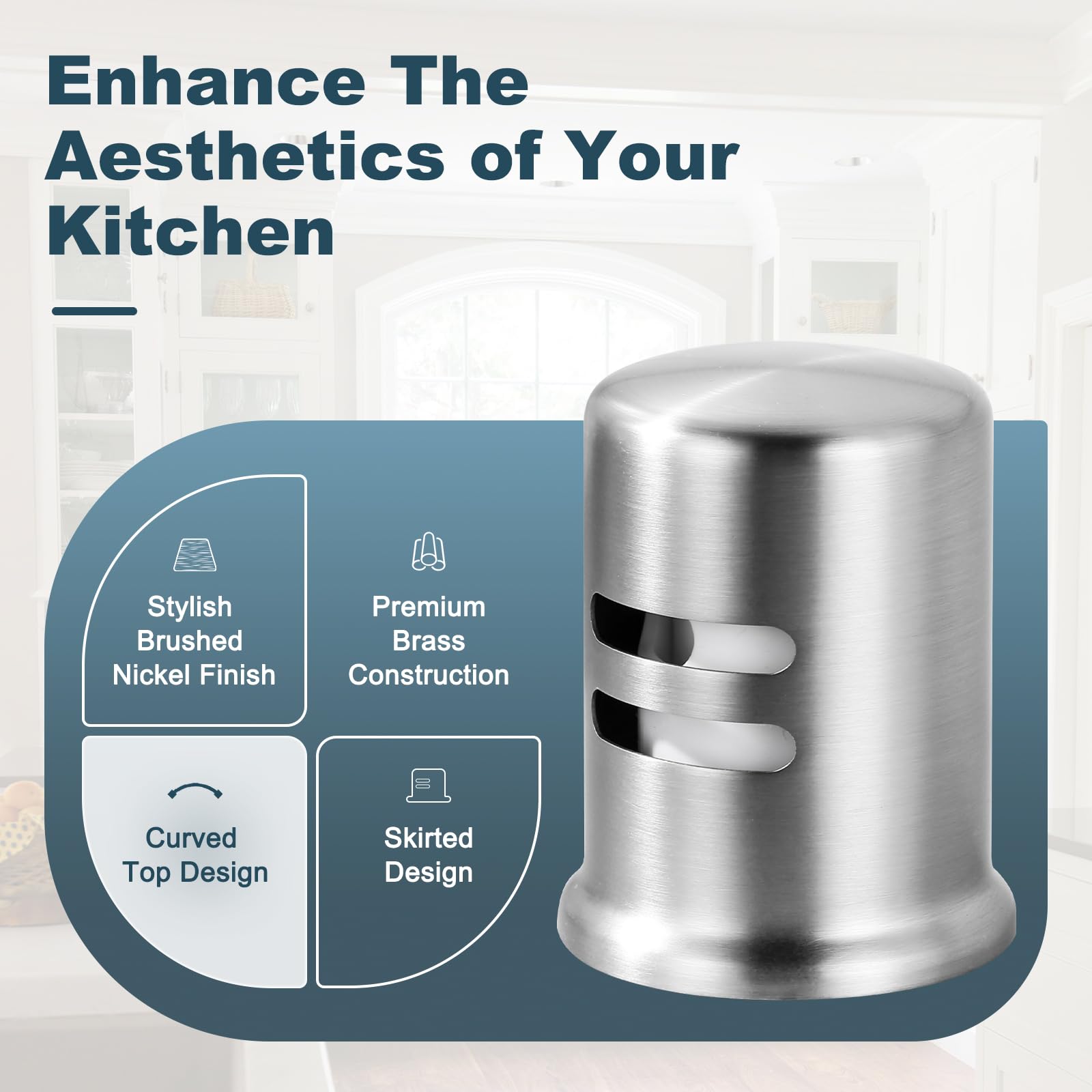 Premium Dishwasher Air Gap Cover - Solid Brass Kitchen Sink Overflow Vent Cap Replacement Kit in Brushed Nickel Finish | Prevents Backflow & Protects Plumbing System | Perfect for Home Kitchen & Commercial Use