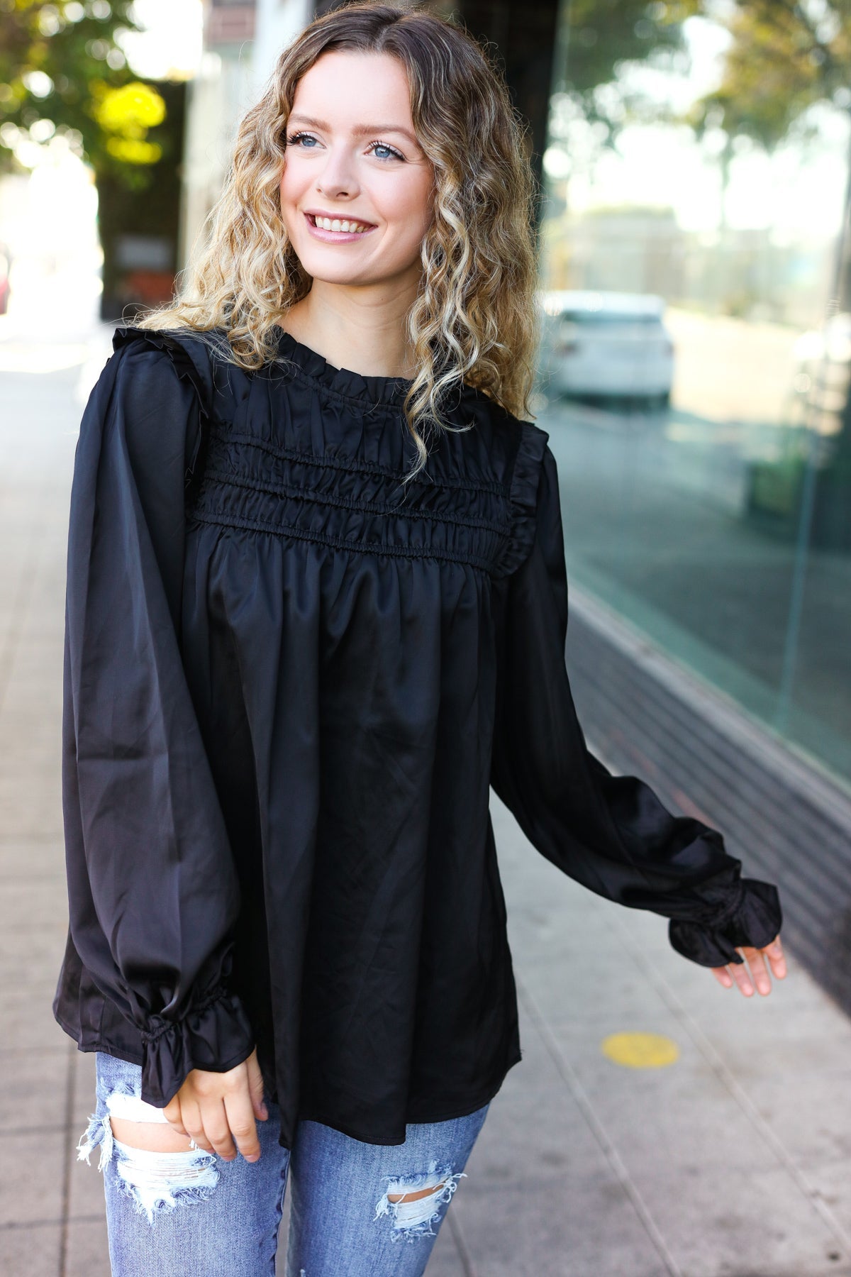 Black Satin Shirred Yoke Frilled Mock Neck Top for Women - Elegant Party & Evening Wear