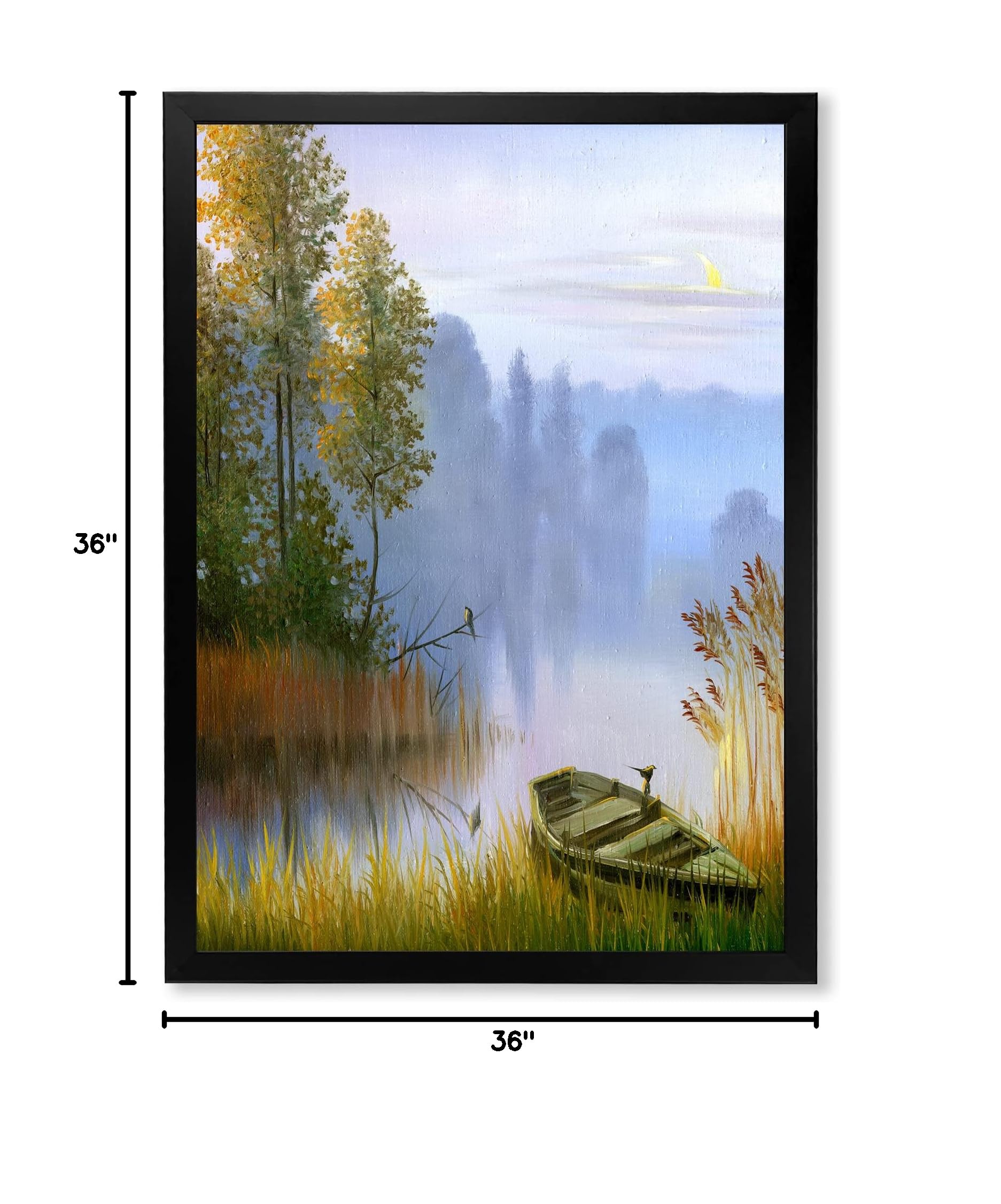 DesignQ Traditional Framed Wall Art - Lakeside Boat Landscape Painting - Perfect for Living Room, Bedroom & Office Decor