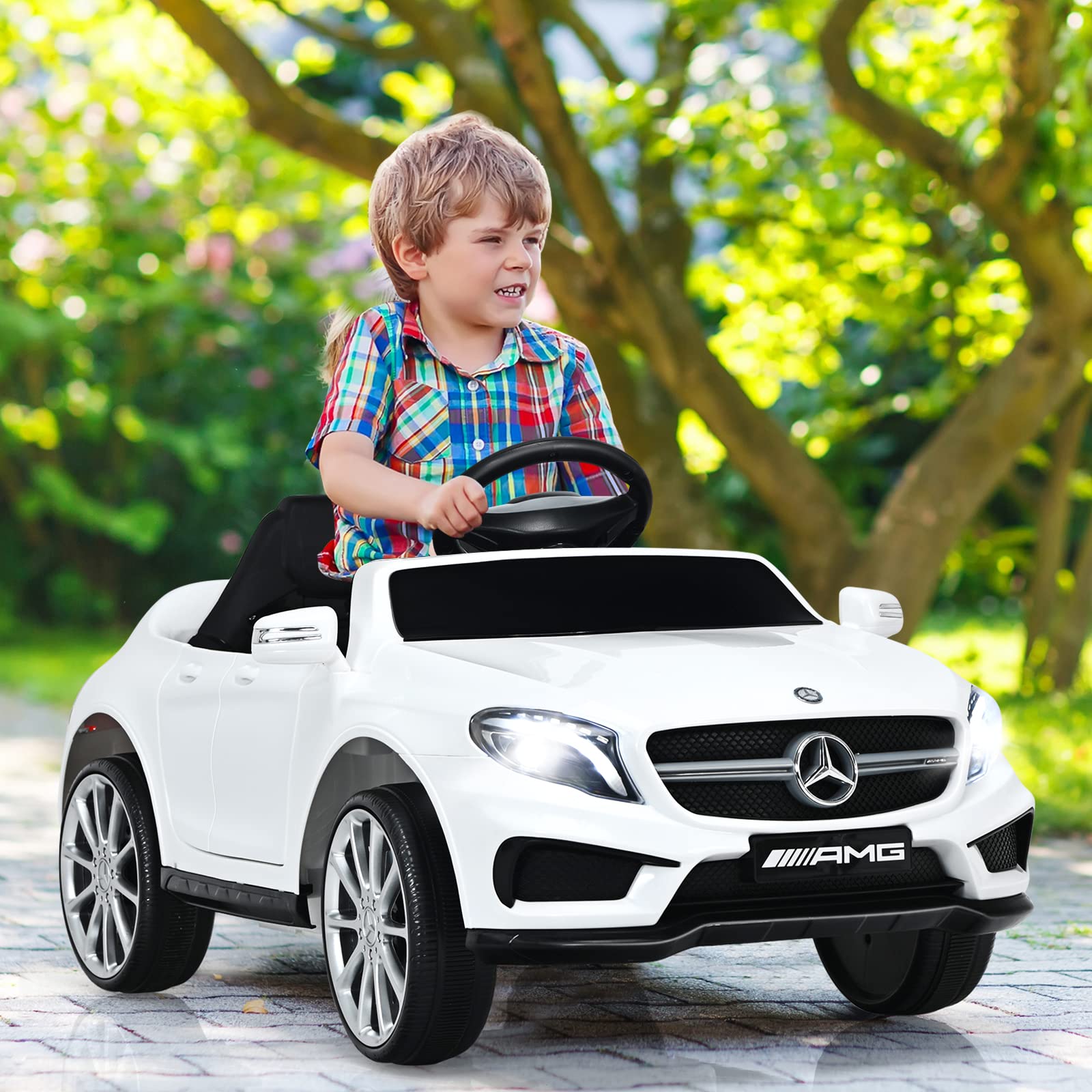 INFANS 12V Electric Kids Ride On Car - Licensed Mercedes Benz GLA45 Toy Car with Parent Remote Control, MP3 Player, USB Port, 2 Speed Modes & LED Lights - Battery Powered Toy Vehicle for Toddlers & Children (White) - Perfect for Birthday Gifts, Outdoor Play & Indoor Fun
