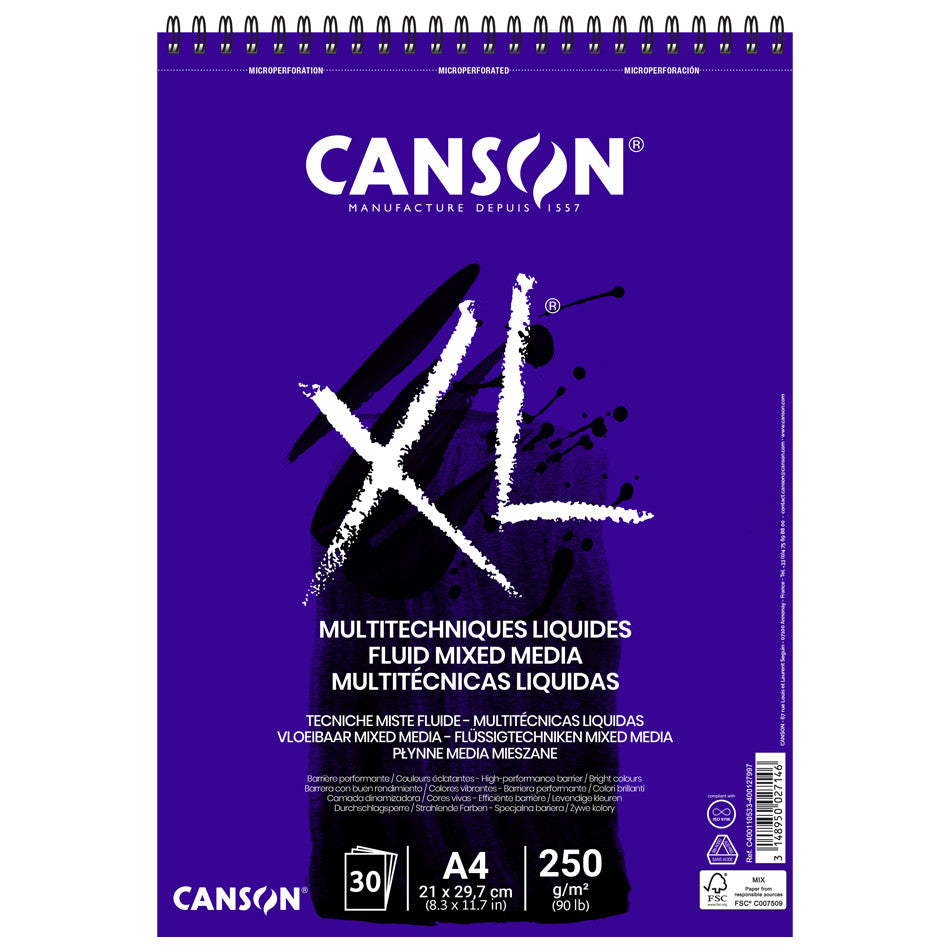 Canson XL Fluid Mixed Media Spiral Pad A4 - 9x12 Inch Sketchbook for Watercolor, Acrylic & Ink - Perfect for Artists, Students & Professionals - Ideal for Studio, Classroom & Outdoor Painting