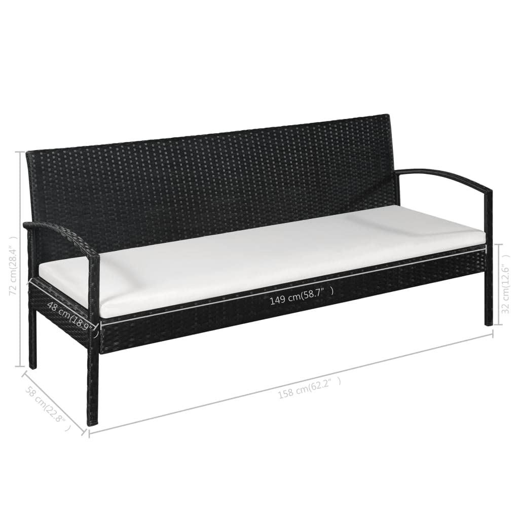 FAMIROSA 3 Seater Outdoor Patio Sofa Set with Waterproof Cushions - Black Poly Rattan Wicker Furniture for Garden, Poolside & Backyard Relaxation