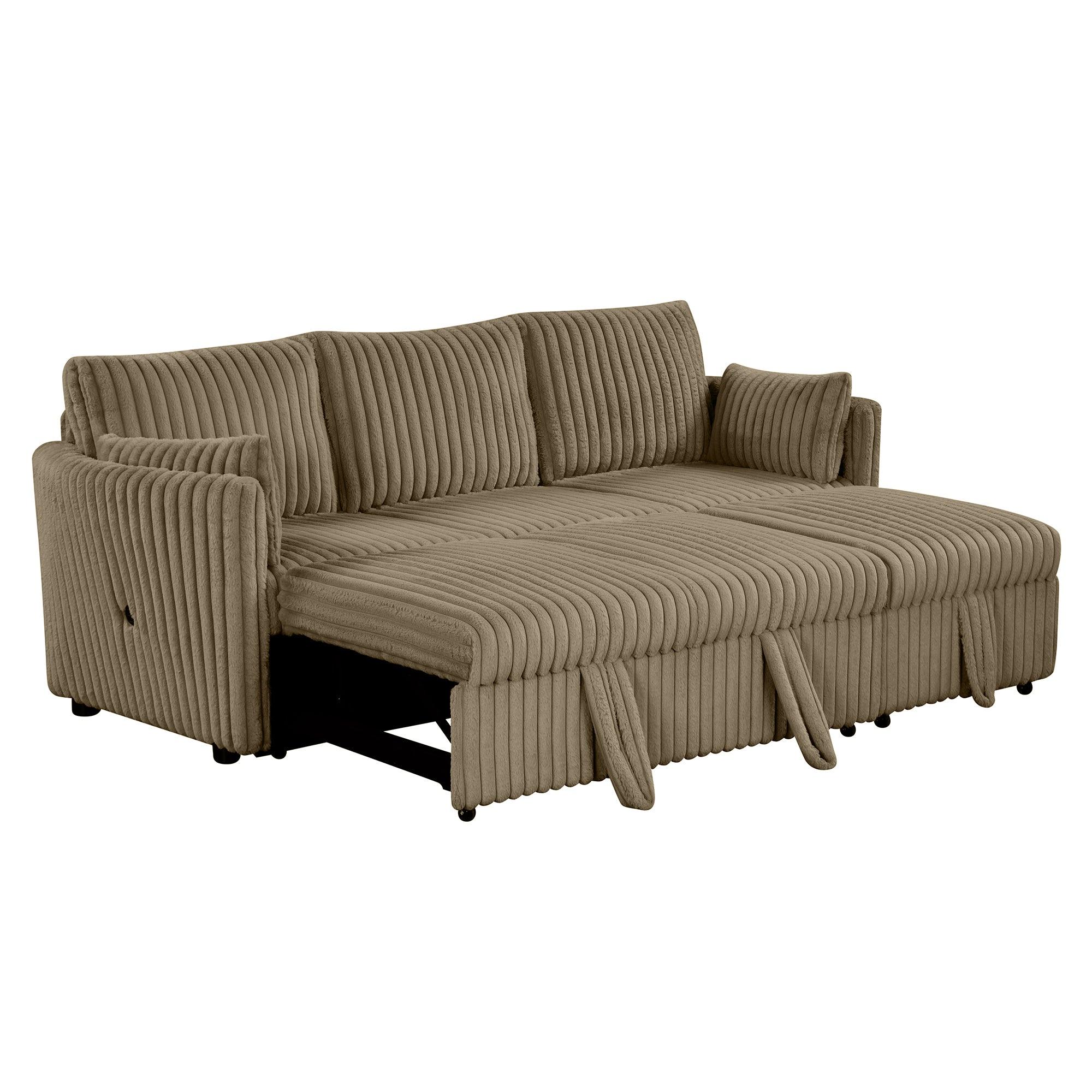 Luxury Brown Faux Fur Oversized Convertible Sectional Sofa - Sleeper Sofa, Daybed & Chair with 2 Pillows & USB Charging Ports - Perfect for Living Room, Home Theater & Guest Room Comfort