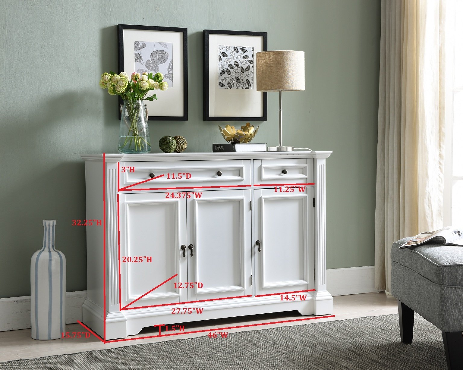 KB Designs Buffet Server Sideboard Breakfront Storage Cabinet - White Finish Wood for Dining Room, Living Room & Kitchen Storage