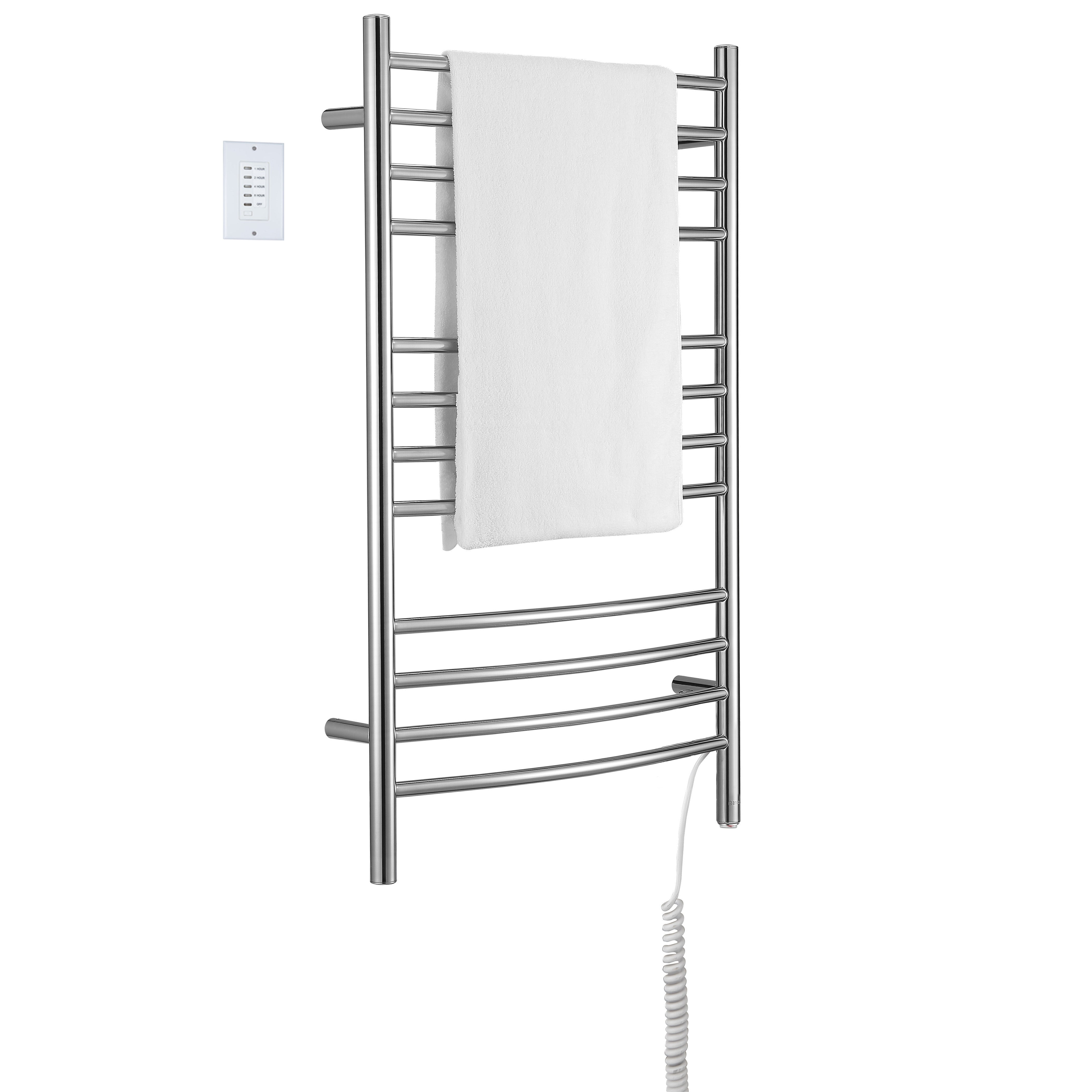 Lustra Dual 12 Curved Bar Towel Warmer - Hardwired & Plug-in Polished Stainless Steel with Countdown Timer - Perfect for Bathrooms, Spas & Luxury Home Heating