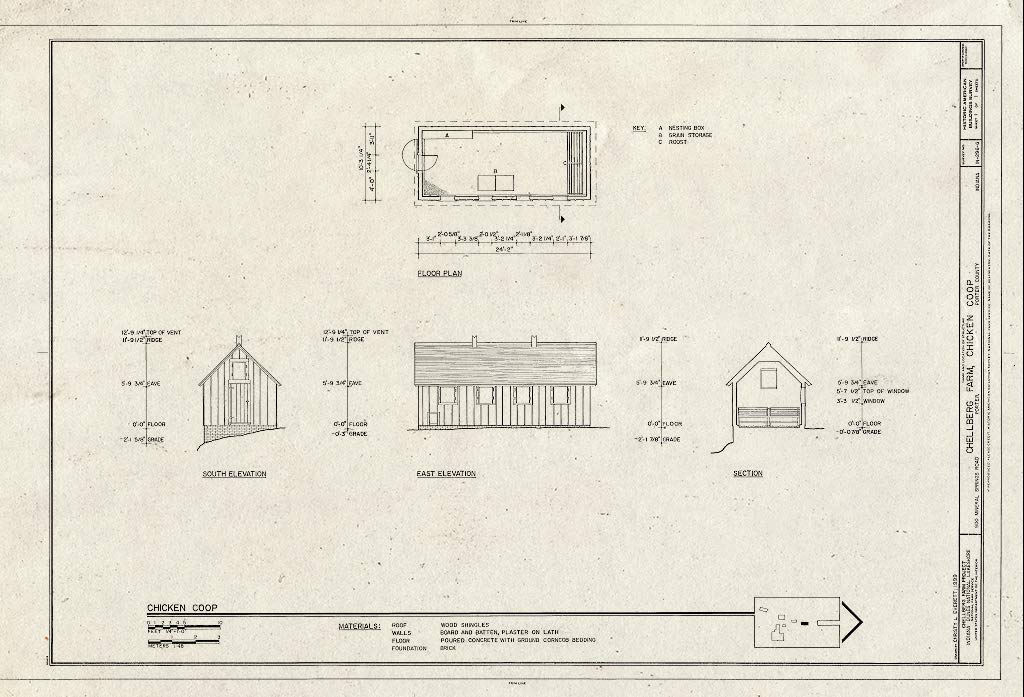 Vintage Blueprint HABS IND,64-Port,1G - Chellberg Farm Chicken Coop Architectural Drawing 36x24 Inch - Perfect for Home Decor, Office Wall Art & History Enthusiasts