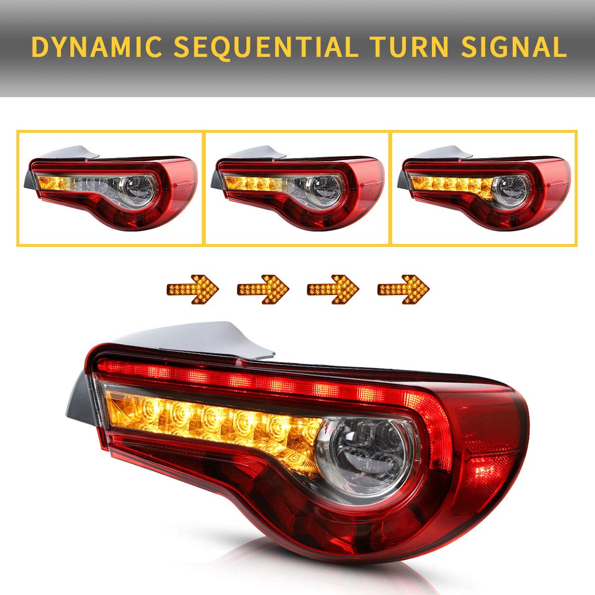 VLAND Full LED Rear Brake Tail Lights for Toyota GT86 (2012-2019), Subaru BRZ (2013-2018), Scion FRS (2012-2016) - Sequential Turn Signal, Red & Clear Lens - YAB-86-0287H | Upgrade Your Coupe's Style & Safety for Night Driving