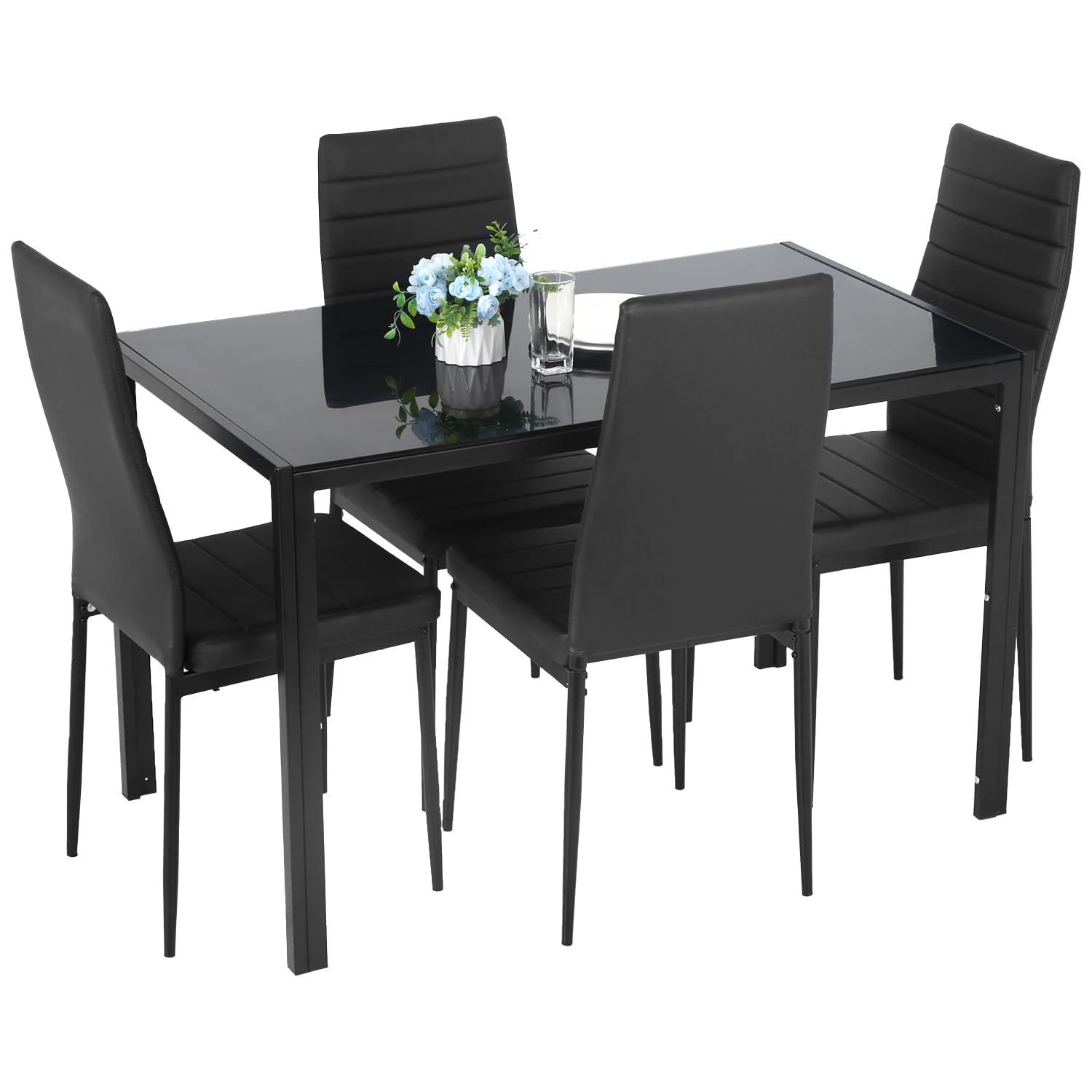 5-Piece Modern Black Glass Dining Table Set with 4 Chairs, Perfect for Family Dinners, Parties, and Everyday Kitchen Use