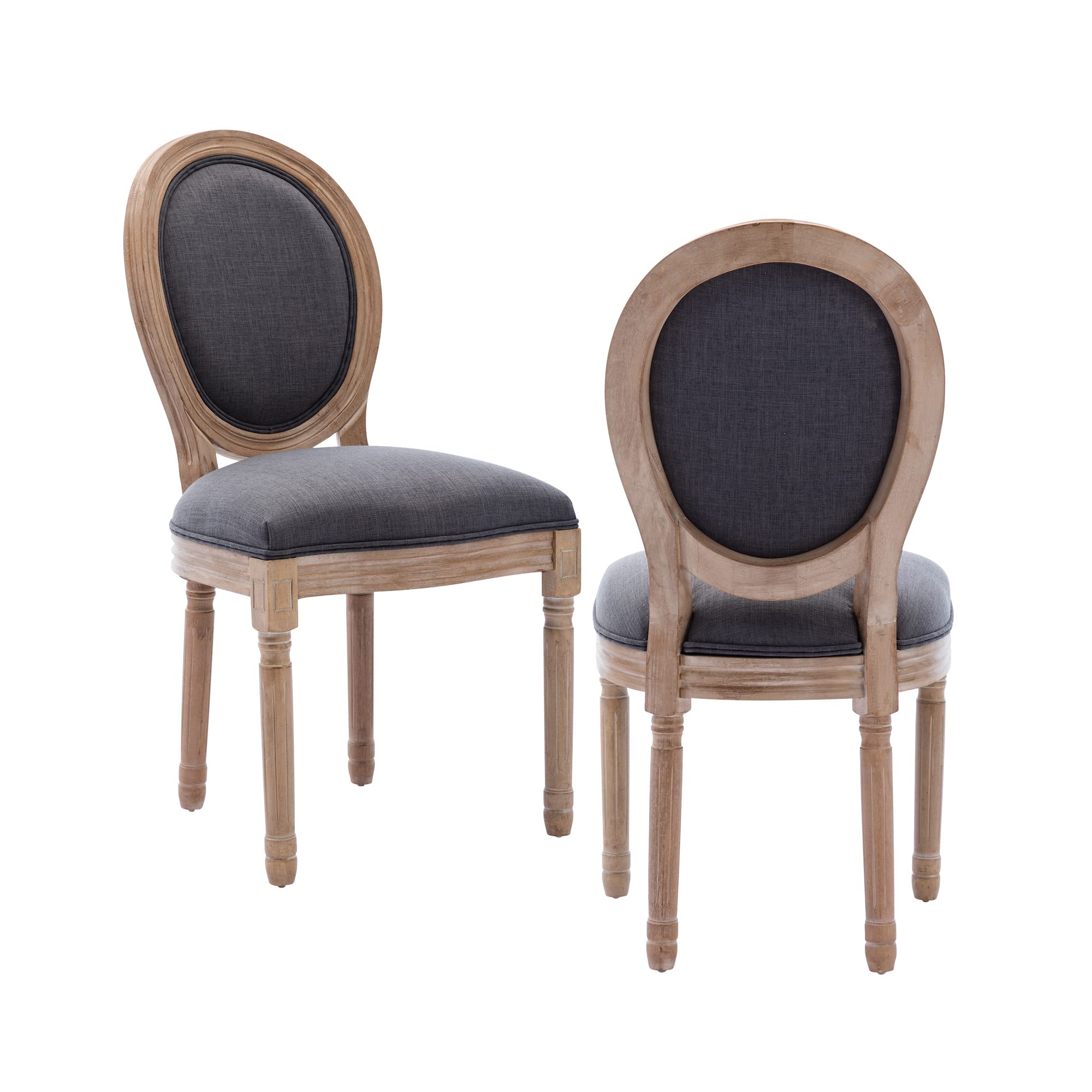 Vintage Farmhouse Dining Chairs Set of 2 - French Bistro Style with Rubberwood Legs & Dark Gray Linen Upholstery - Oval Backrest Kitchen Chairs for Dining Room, Restaurant, Wedding, and Home Decor