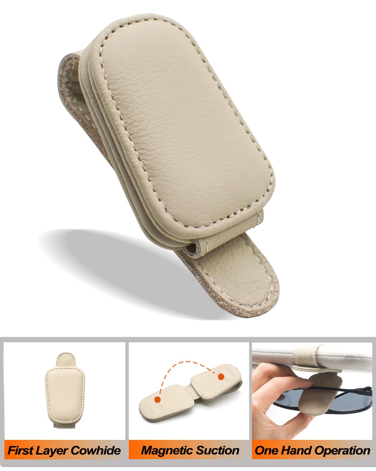 Magnetic Leather Sunglass Holder for Car Visor - Beige Car Interior Accessories | Eyeglass Hanger & Organizer for Sunglasses Storage | Perfect for Road Trips, Commuting & Daily Driving