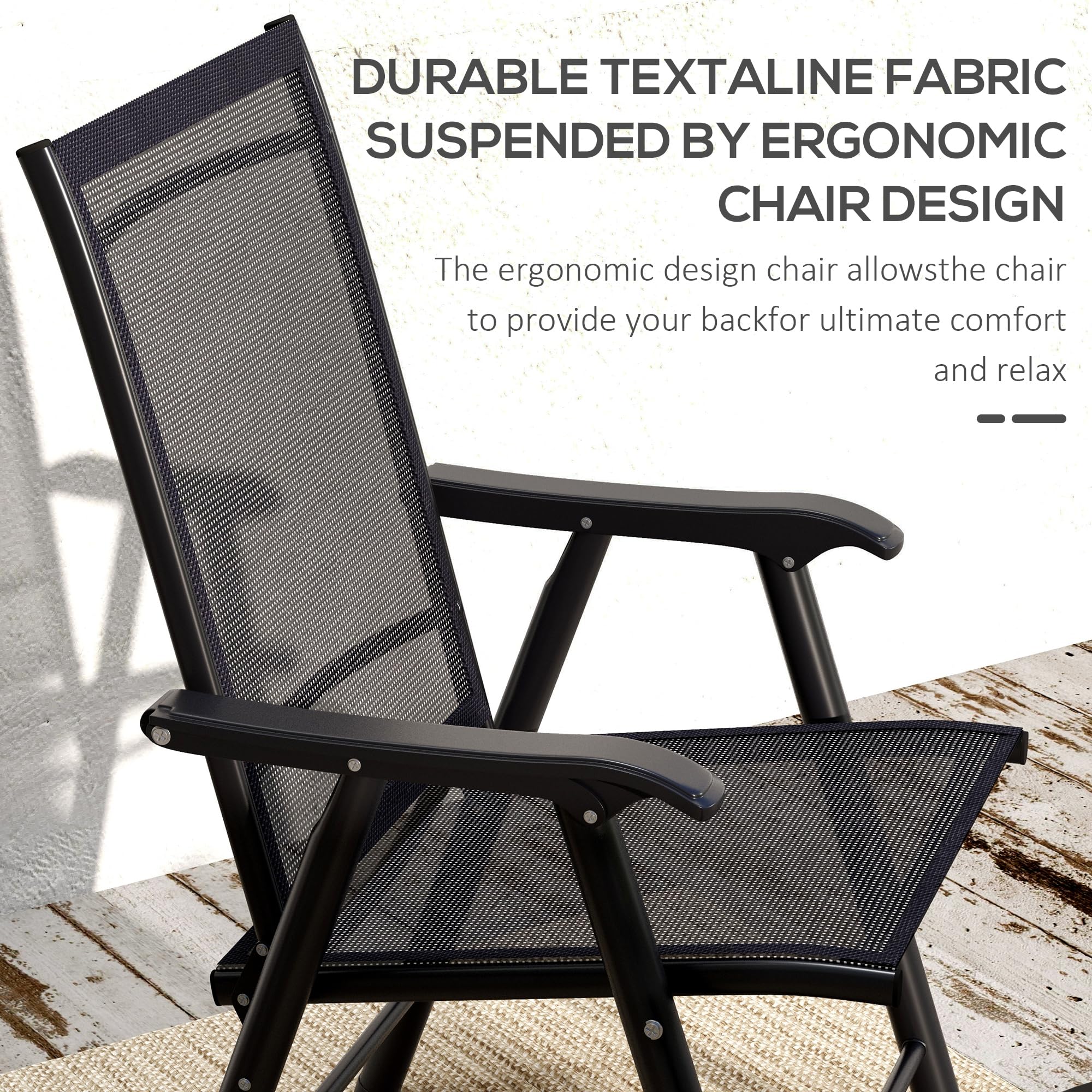 Outsunny 4-Piece Stackable Folding Patio Chairs Set - Black Metal Frame Outdoor Dining Chairs with Armrests for Lawn, Camping, Beach & Backyard - No Assembly Required | Perfect for BBQs, Poolside Lounging & Garden Parties