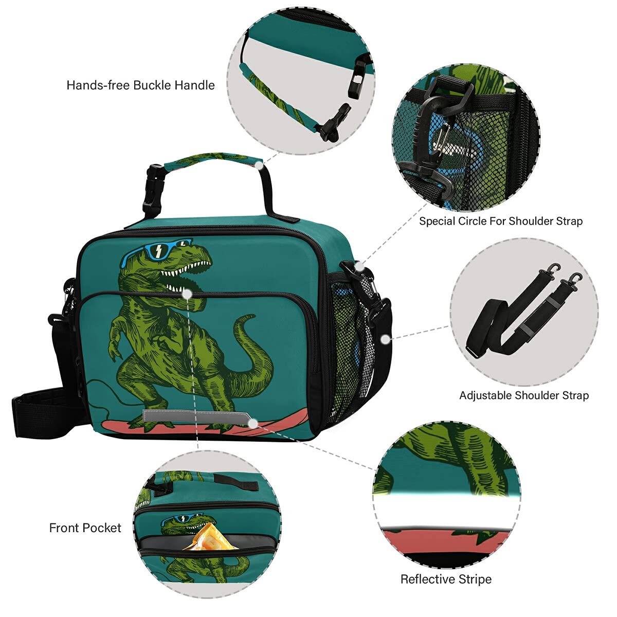 Dinosaur Lunch Box for Kids - Insulated Cooler Bag with Adjustable Shoulder Strap, Cute Surfer Dino Design - Perfect for School, Picnic, Beach & Skateboarding