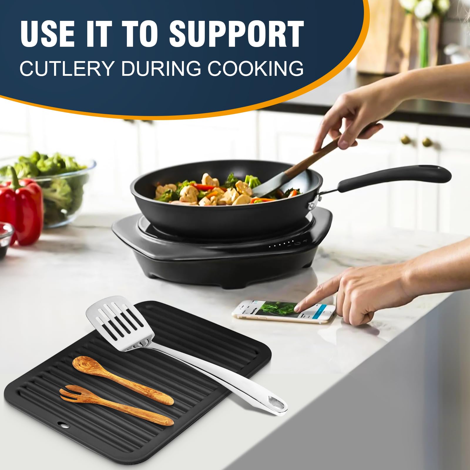 Heat-Resistant Silicone Trivets for Kitchen - Set of 2 Black Hot Pads (12