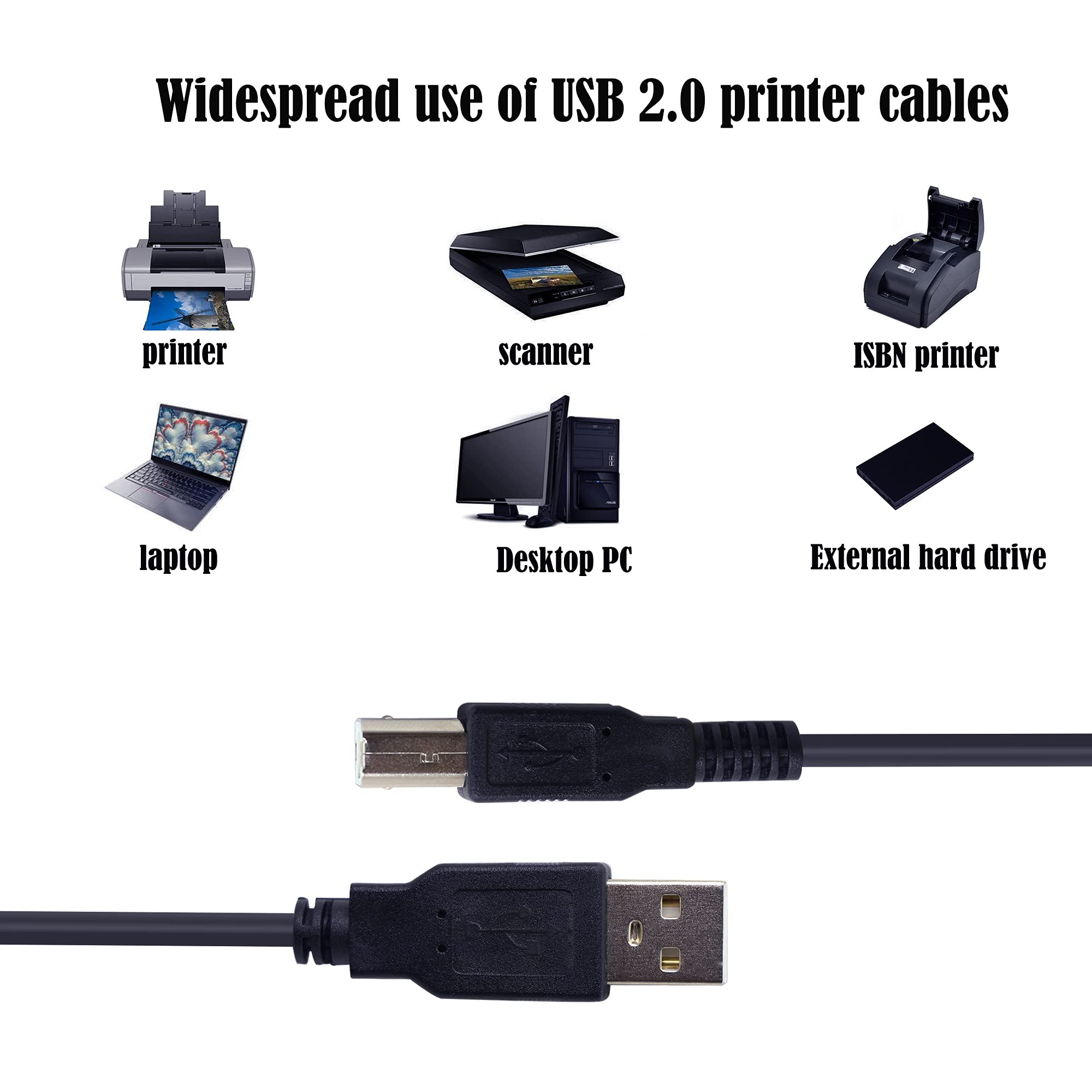 GINTOOYUN USB 2.0 Printer Cable - A Male to B Male High Speed Scanner Cord for Printers, Monitors, External Hard Drives - Durable Black USB Cable for Office & Home Use