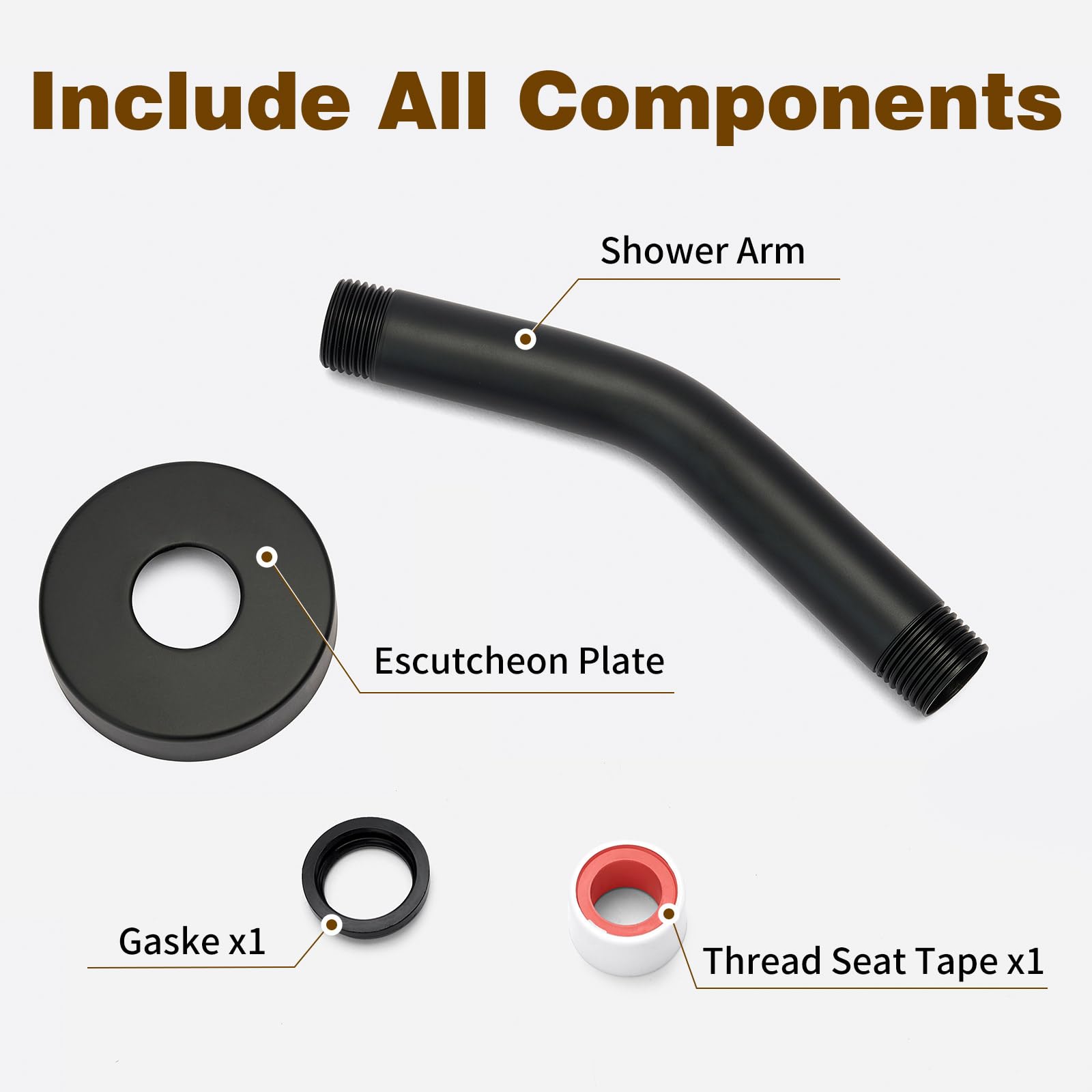 304 Stainless Steel Shower Arm with Flange & Teflon Tape - 6 Inch Matte Black Extension Pipe for Wall-Mounted Fixed & Handheld Showerheads - Anti-Rust Bathroom Upgrade for Modern Homes