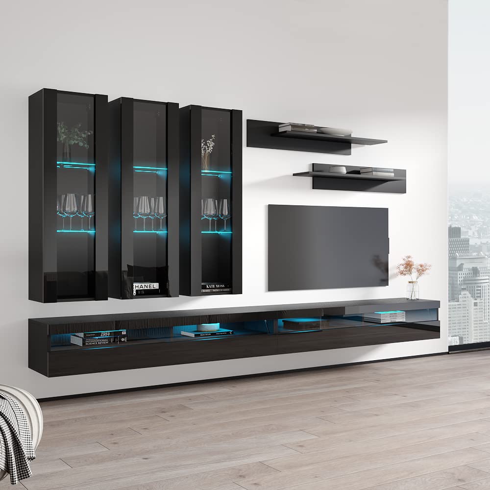 Modern Floating TV Stand with Storage & LED Lights - Wall-Mounted Entertainment Center for Bedroom & Living Room - Black E3 35TV Console with Shelves - Perfect for Small Spaces & Home Theater Setup