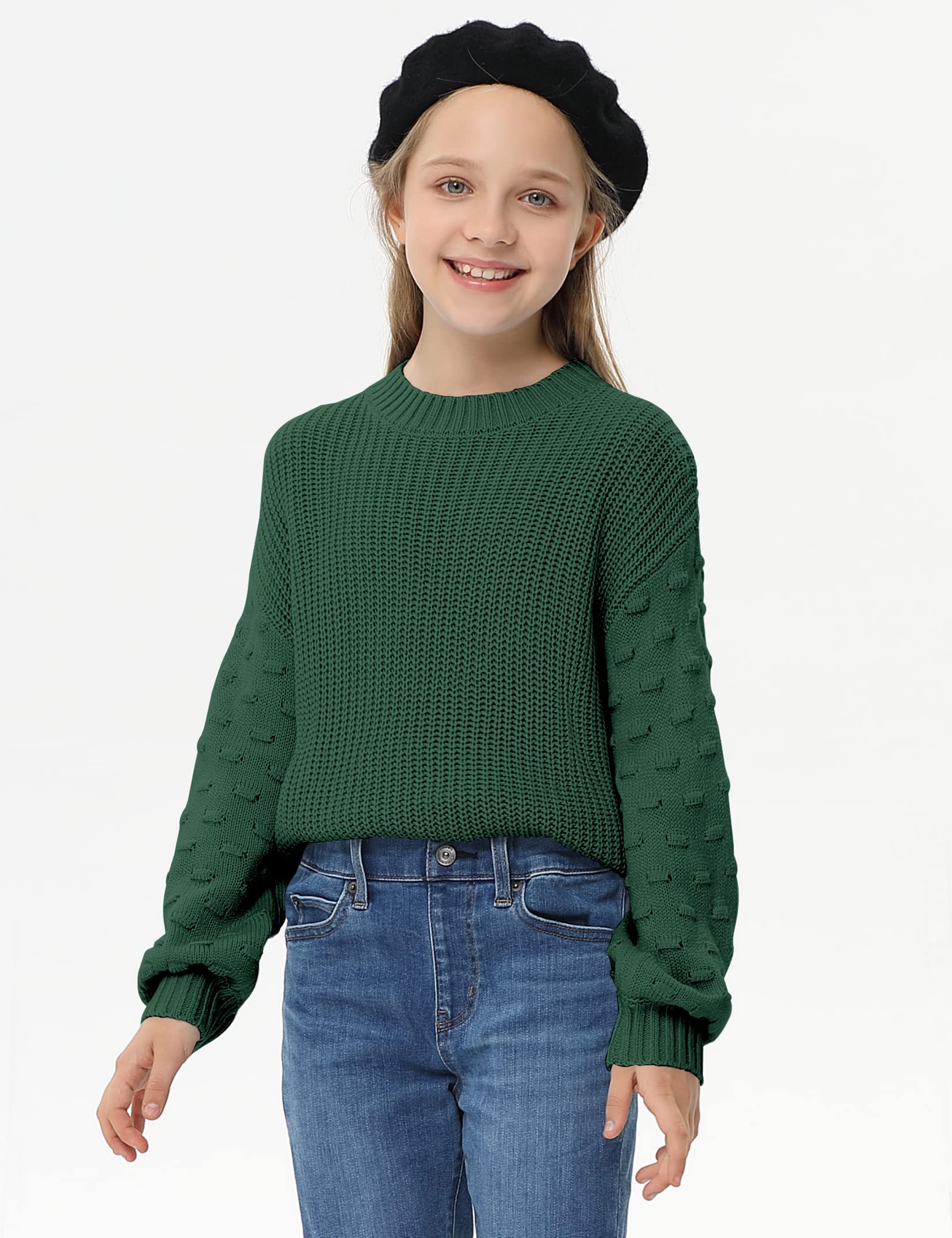 Cute Girls Oversized Knit Pullover Sweater with Long Lantern Sleeves | Warm Crewneck Jumper Top for School, Fall & Winter Fashion