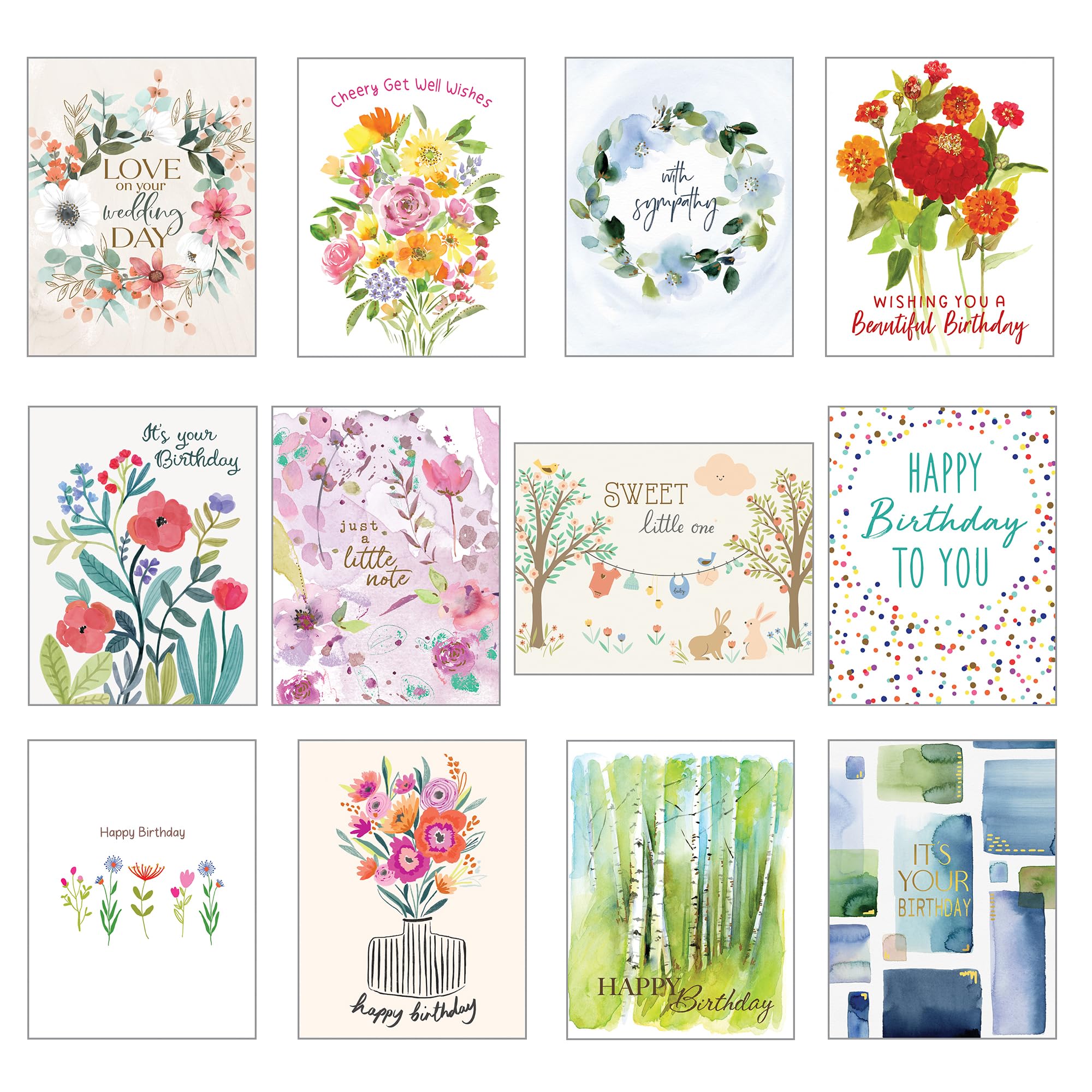 12-Pack Assorted General Greeting Cards - Blank Inside for All Occasions | Birthday, Thank You, Sympathy & More | Perfect for Home, Office & Gift Giving