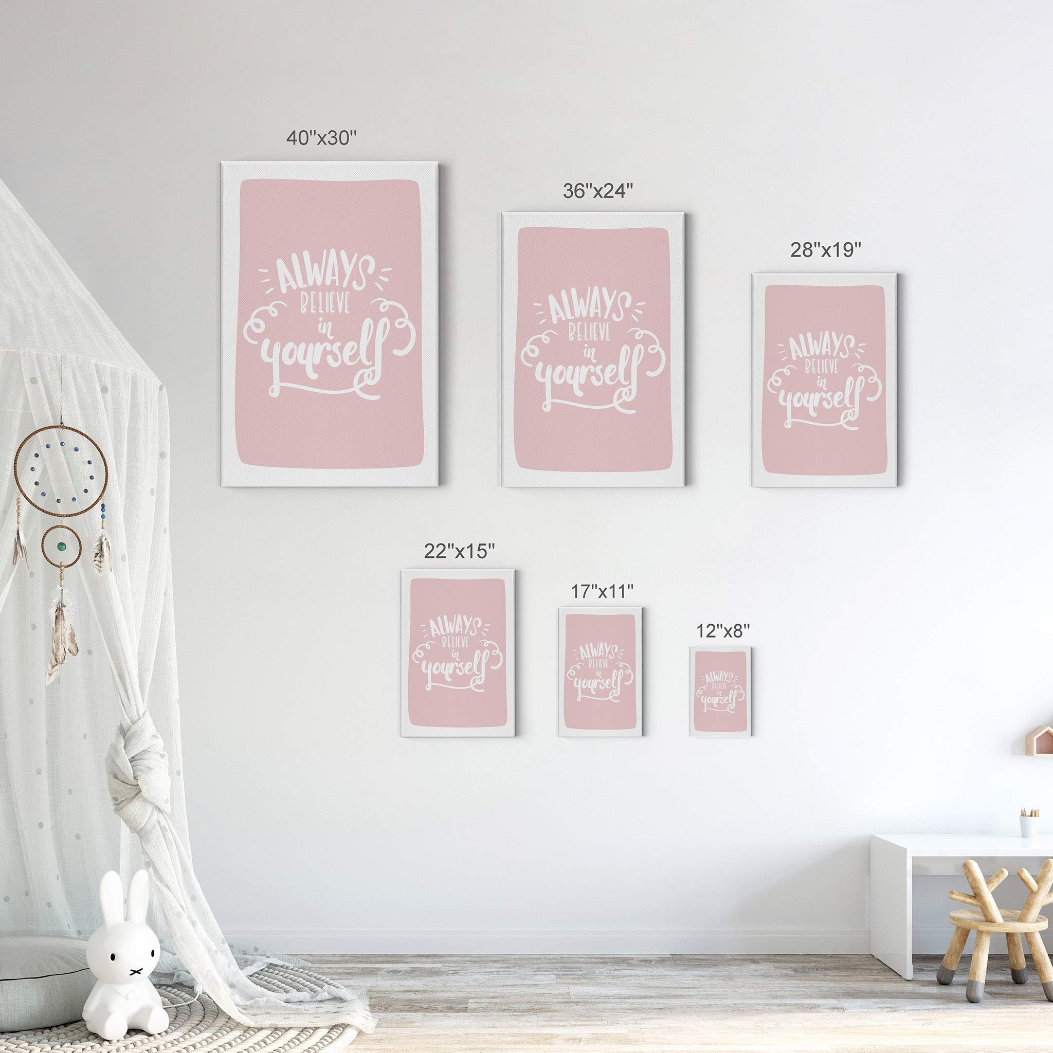 Always Believe in Yourself Inspirational Wall Art - Pink Lettering Canvas Print for Kids Room, Nursery & Baby Room Decor - Ready to Hang Motivational Poster (28x19 Inches) Made in USA | Perfect for Bedrooms, Playrooms & Classrooms