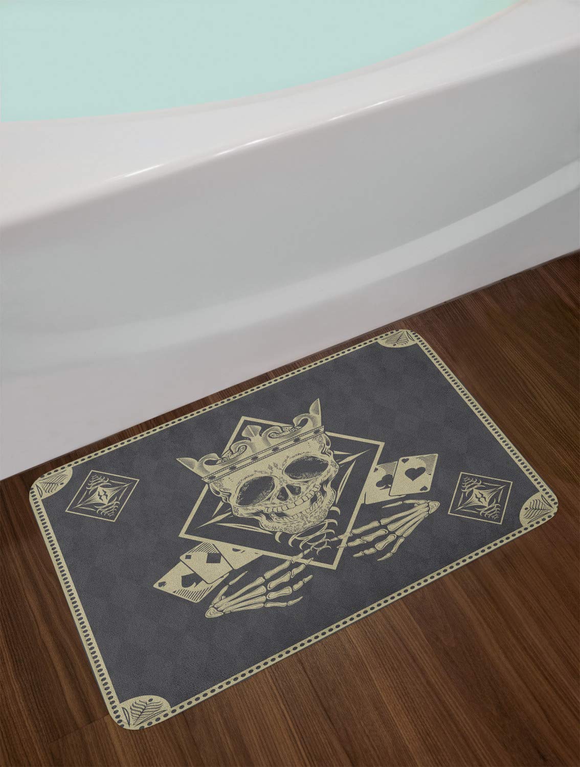 Ambesonne Non-Slip Poker Bath Mat with Crowned Skull & Playing Cards Design, Plush Monochrome Bathroom Decor Mat 30.2