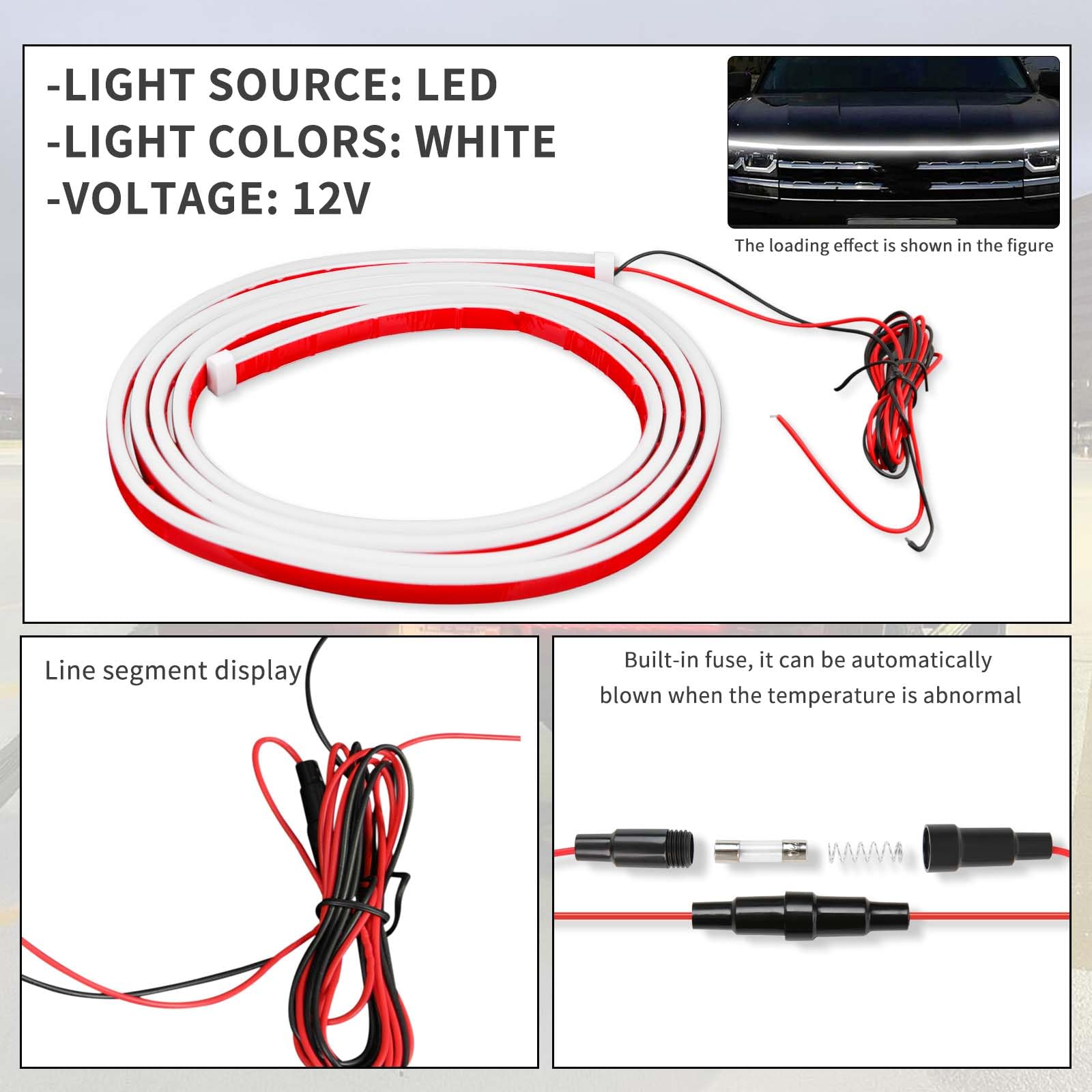 94.5 Inch Universal Car Hood LED Light Strip - White Exterior Dynamic Daytime Running Lights, Flexible Waterproof Design with Fuse Protection for Cars, SUVs & Trucks | Perfect for Night Driving, Car Shows & Custom Vehicle Lighting