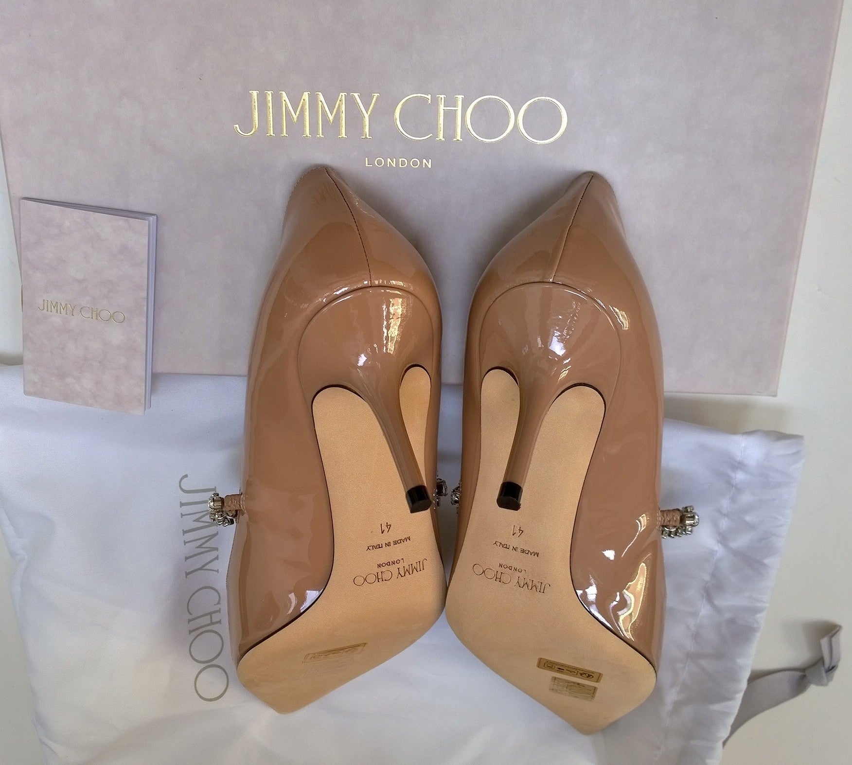 Jimmy Choo Bing 65mm Nude Patent Leather Rhinestone Strap Heels - Women's Luxury High Heel Pumps for Parties, Weddings & Evening Events (New in Box)