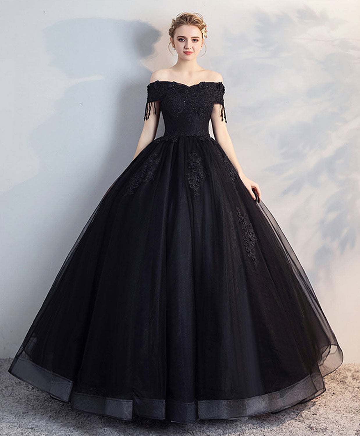 Elegant Black Off Shoulder Lace Tulle Long Prom Dress - Sexy Evening Gown for Formal Events, Homecoming, Wedding Guest & Special Occasions