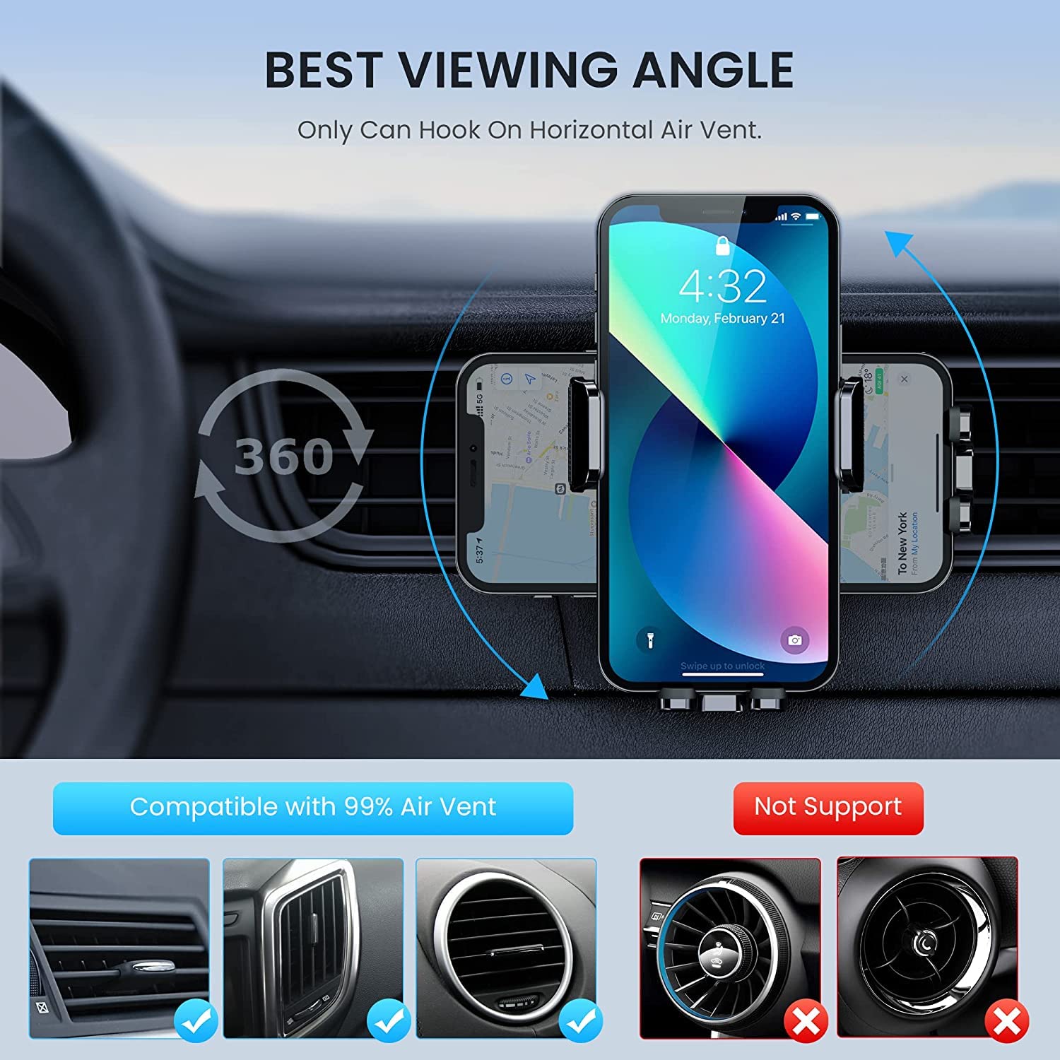 Military-Grade Car Vent Phone Mount - Universal Smartphone Holder for iPhone & Thick Cases - Secure Air Vent Clip Car Cradle for Safe Driving & Hands-Free Navigation