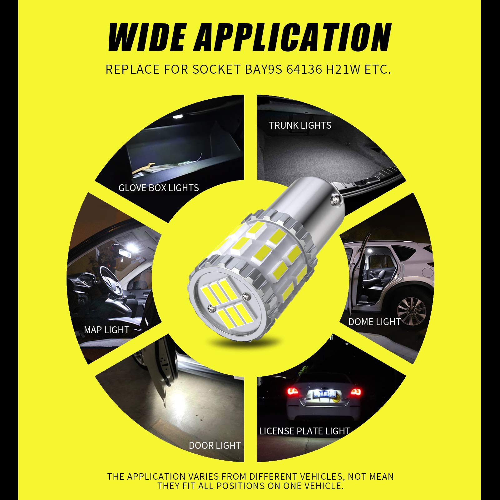 AILEO BAY9S H21W LED Bulb 6000K White - Super Bright 3014SMD LED Replacement Bulb for Reverse Lights, Tail Lights, Brake Lights, Parking Lights, Side Markers, Corner Lights (Pack of 2) - Perfect for Cars, Trucks, SUVs, Motorcycles & Boats