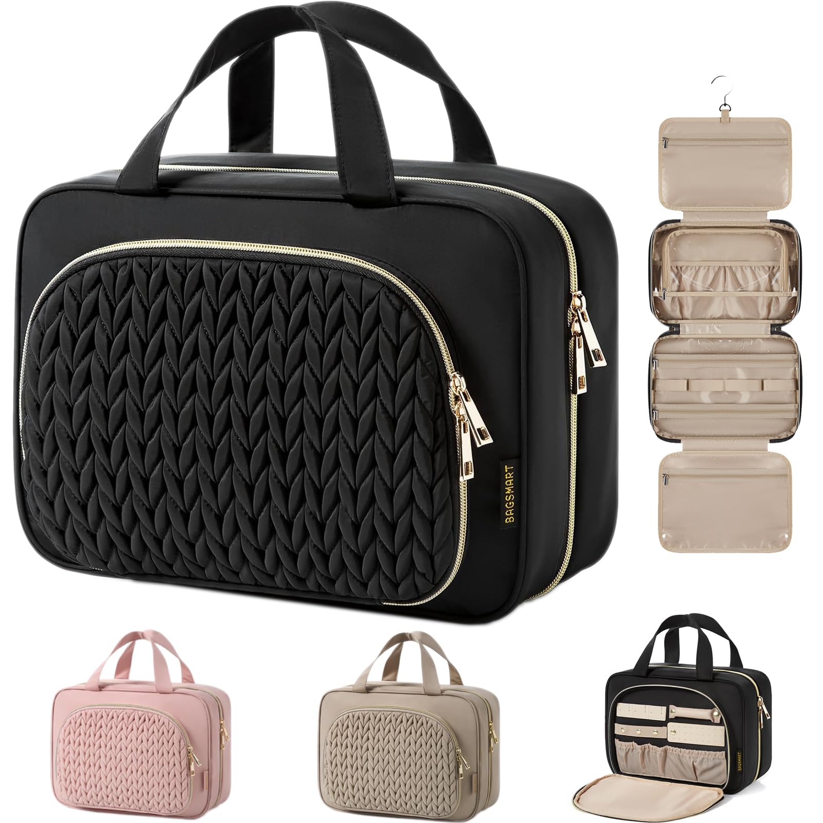 BAGSMART Hanging Travel Toiletry Bag with Jewelry Organizer - Waterproof Makeup Cosmetic Bag for Women & Men - Perfect Carry-on Toiletry Organizer for Airplane, Camping, Gym & Business Trips - Black