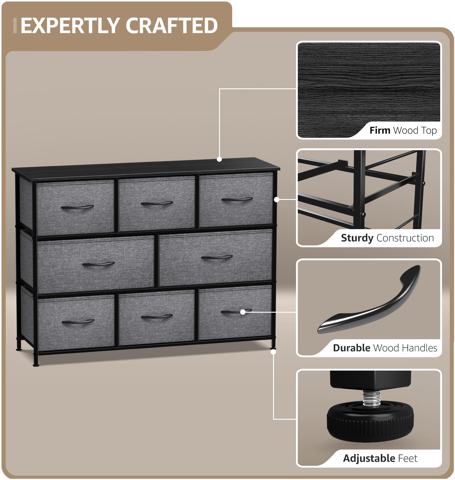 Sorbus 8-Drawer Dresser Organizer - Sturdy Steel Frame with Wood Top & Easy-Pull Fabric Bins for Clothes Storage - Perfect for Bedroom, Hallway, Living Room, Nursery & Closet Organization - Ideal for Small Spaces & Home Décor