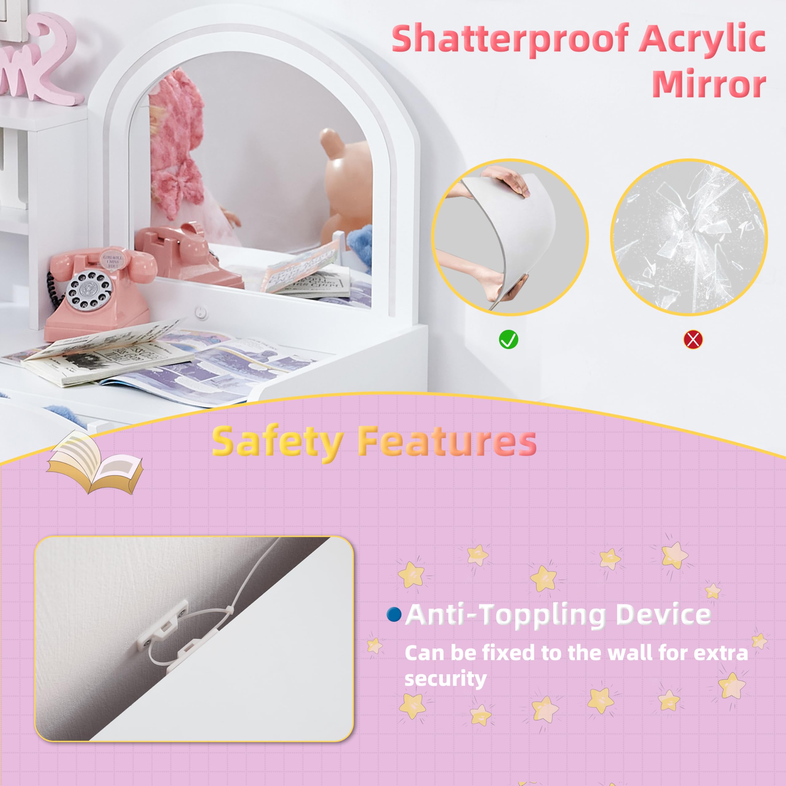 **Princess Vanity Set for Girls with Lights & Storage - 2-in-1 Toddler Makeup Vanity with Lighted Mirror, Drawer & Stool - Perfect for Kids' Room Decor & Pretend Play (White)**