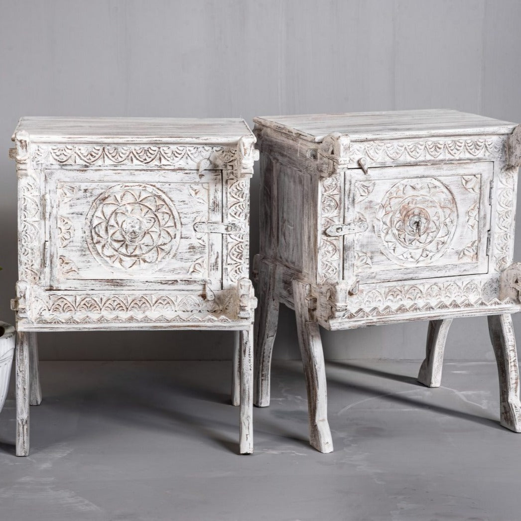 Hand Carved Antique Solid Wood Damchiya Bedside Table - Vintage Nightstand for Bedroom, Living Room & Office - Perfect for Storage & Décor