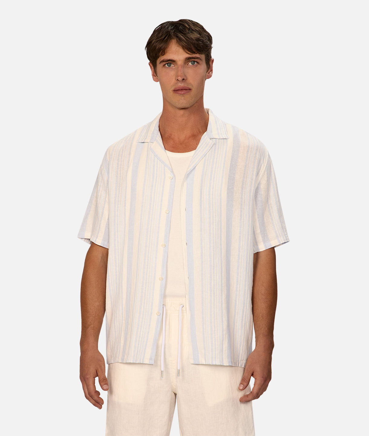 Positano Short Sleeve Shirt for Men - Breathable Cotton Casual Summer Shirt in Off White & Light Blue | Perfect for Beach Vacations, Date Nights & Outdoor Events
