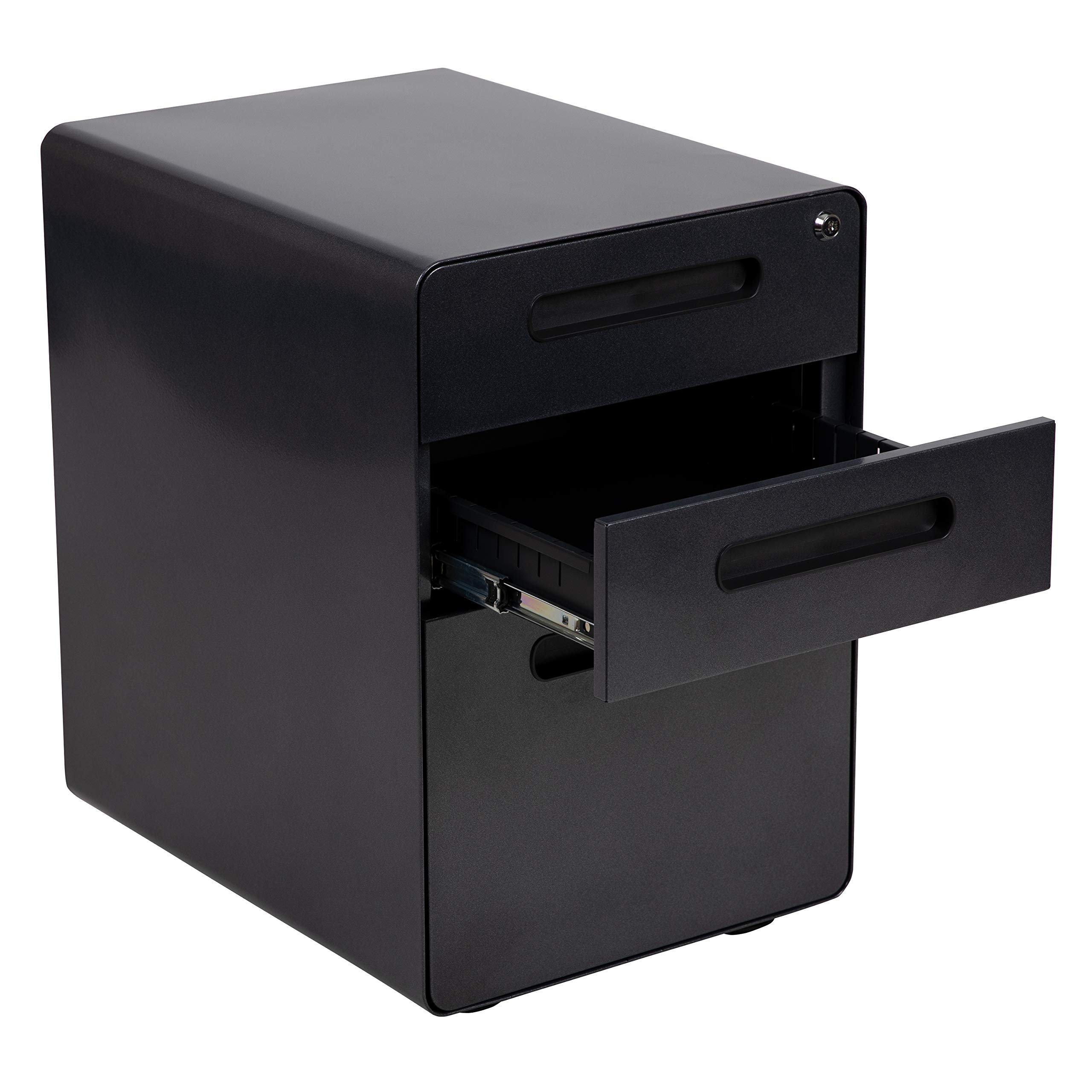 EMMA + OLIVER 3-Drawer Mobile Locking File Cabinet - Black Ergonomic Storage Organizer for Office, Home & School - Secure Document Filing System with Wheels for Easy Mobility