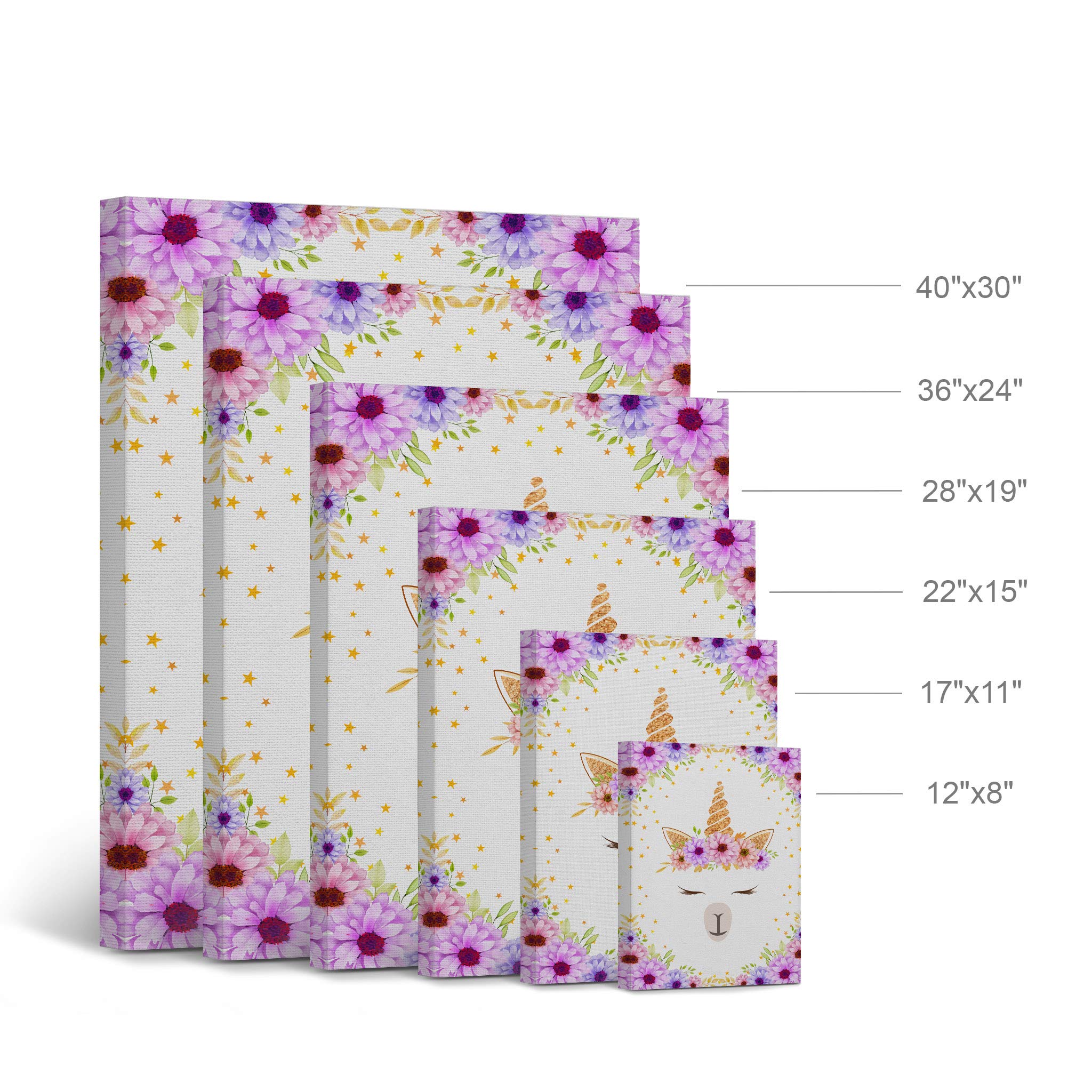 Smile Art Design Cute Unicorn Wall Art Canvas Print - Purple Floral Background Ready to Hang Nursery Decor, Kids Room Decor, Baby Gift - 40x30 Inches Made in USA | Perfect for Children's Bedroom, Playroom & Birthday Presents