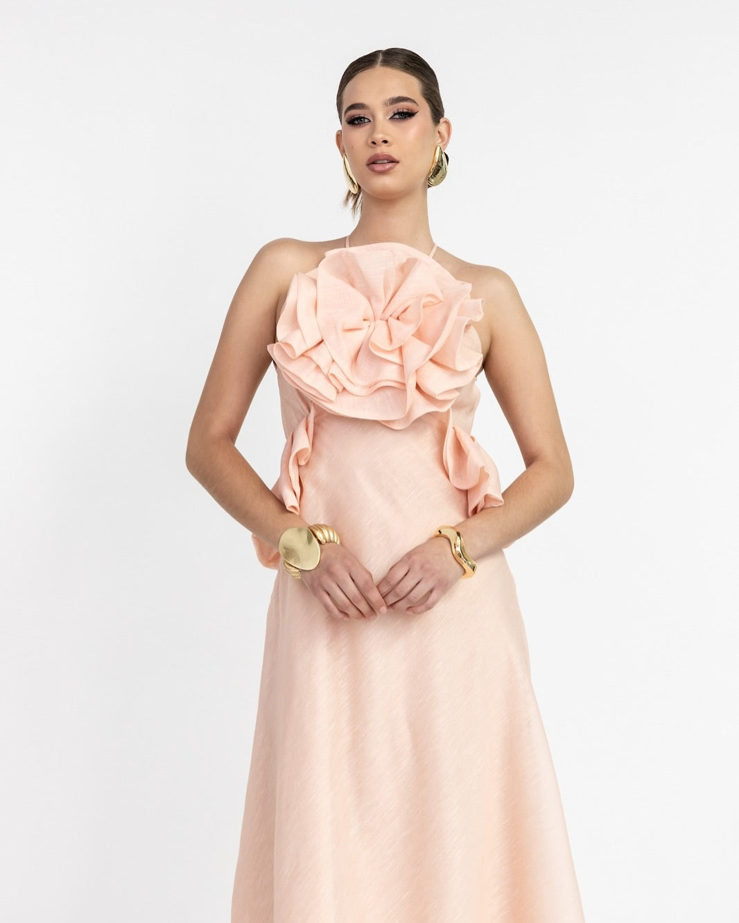 Aurora Halter Neck Ruffle Maxi Dress in Pink - Elegant Summer Beach Wedding Party Dress for Women