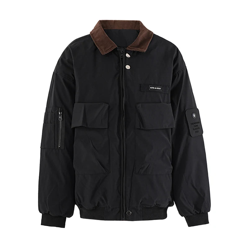 Men's Thickened Cotton Padded Jacket - American Style Lapel Patchwork Contrast Color with Big Pockets | CPG2523 | Perfect for Winter Outdoor Activities & Casual Wear