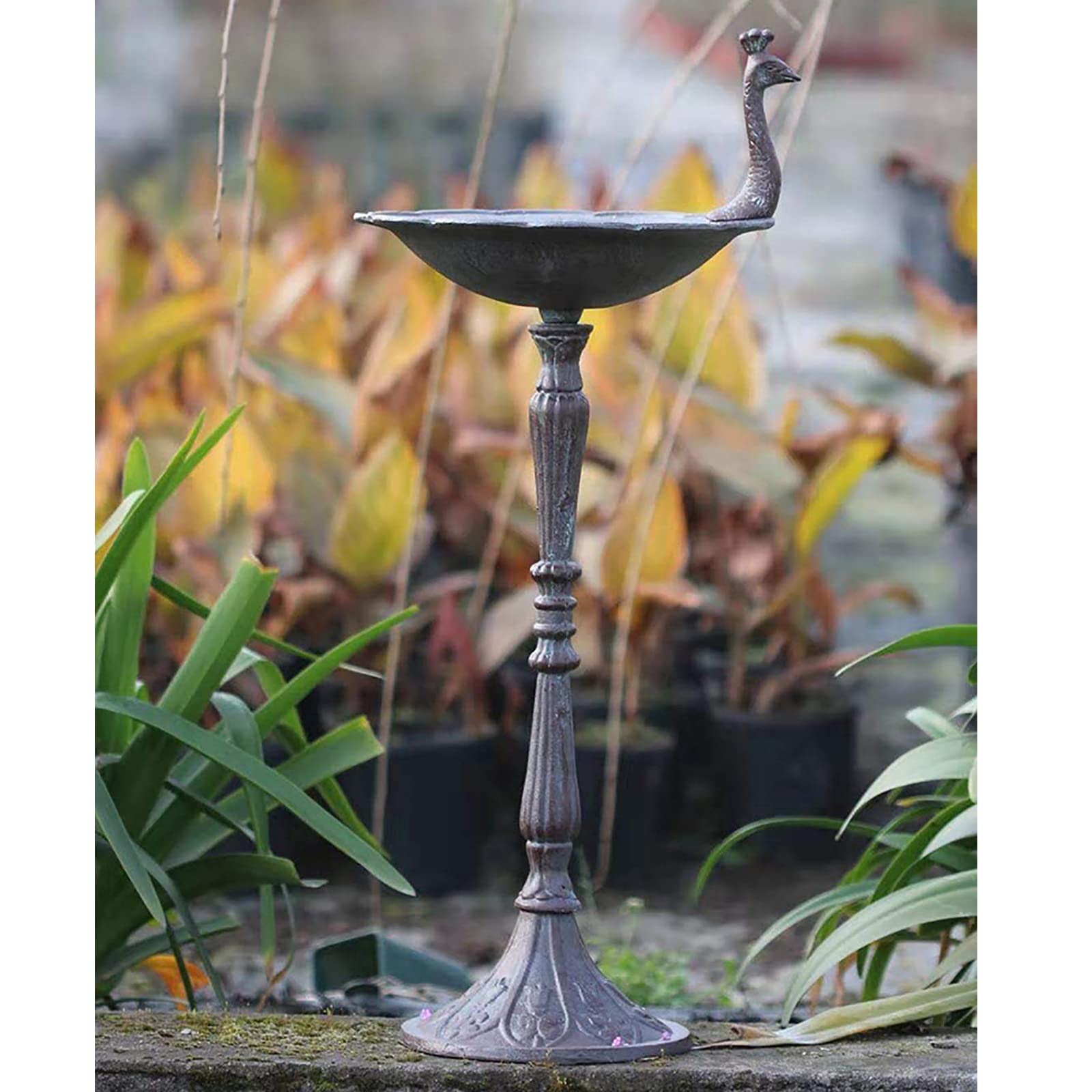 Vintage Peacock-Shaped Cast Iron Bird Bath & Feeder - 29.5 Inch Extra Tall Free Standing Garden Decor for Yard, Patio - Perfect for Attracting Birds & Enhancing Outdoor Spaces