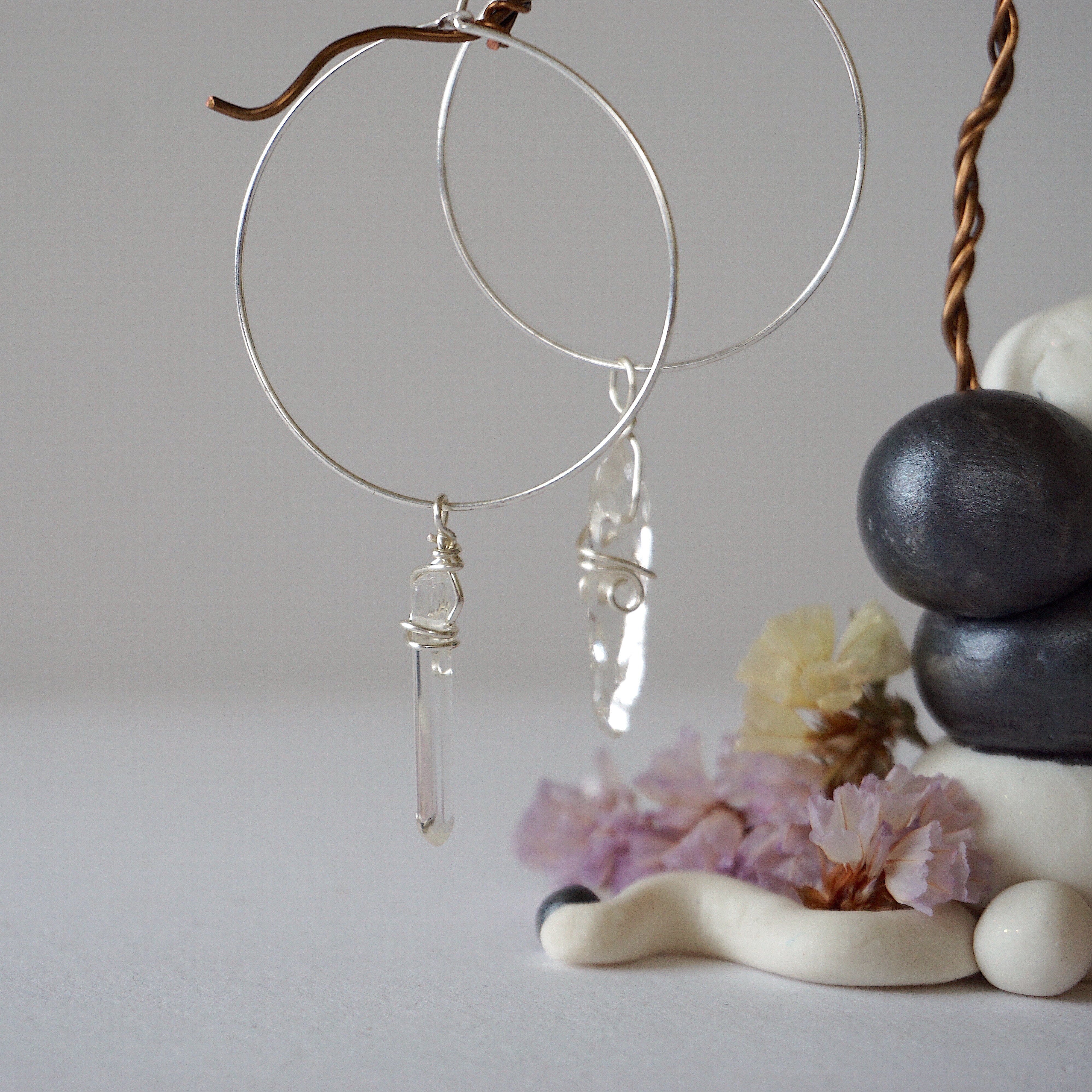 Clear Quartz Charm Silver Plated Hoop Earrings for Women - Elegant Dainty Crystal Jewelry for Everyday Wear & Gift Giving