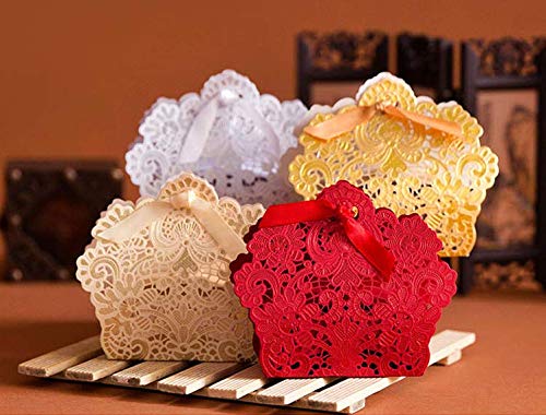 Ponatia 50-Piece Laser Cut Wedding Favor Boxes with Ribbon - Elegant Red Gift Boxes for Chocolates, Candies & Party Favors - Perfect for Weddings, Bridal Showers & Special Events